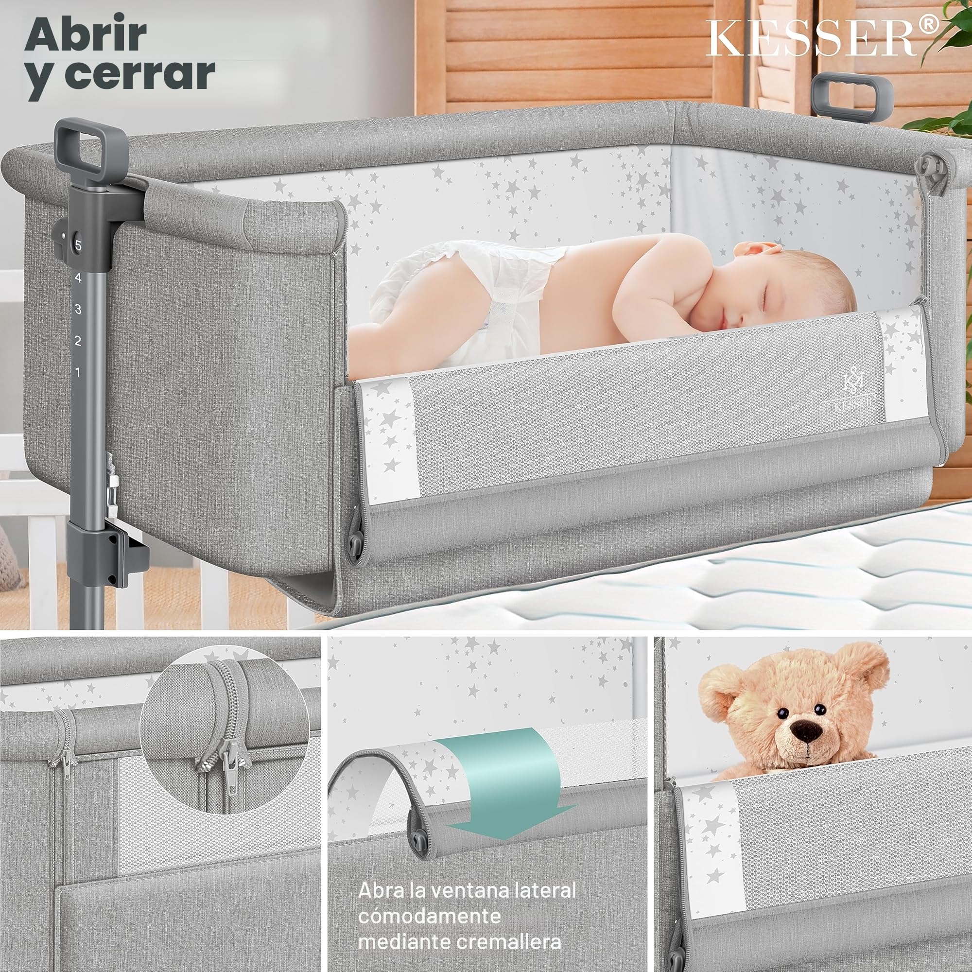 KESSER® Cama supletoria Hubi 3en1, colecho para bebé con colchón Blando, Cuna - con Ruedas, Ajuste de Altura en 5 Posiciones, Panel Lateral Plegable, para en casa y de Viaje, Gris Claro