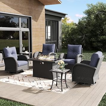 Outdoor Patio Furniture Sets with Fire Pit Table 7 Pieces Wicker Swivel Rocker Chairs for Backyard Deck