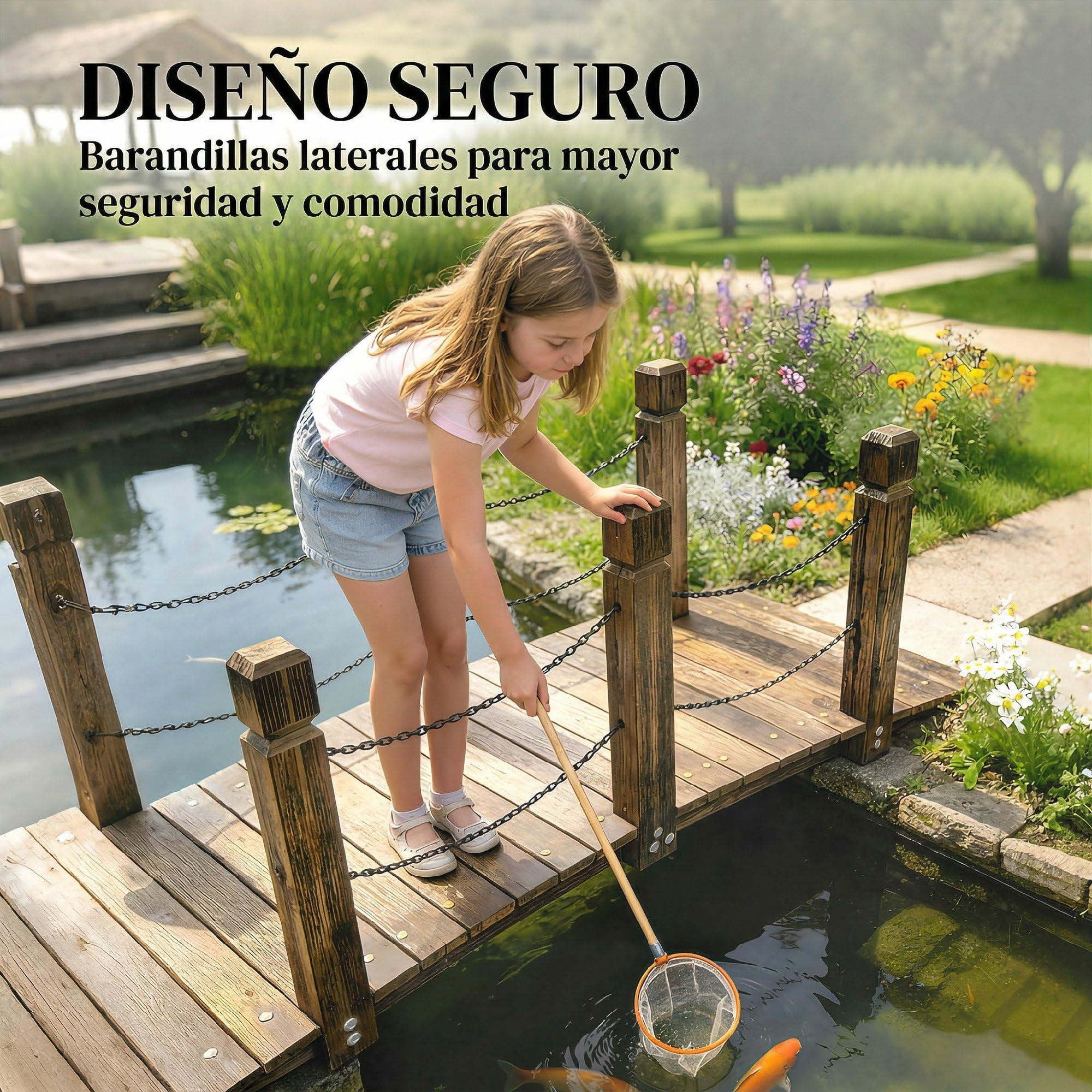 Outsunny Puente de Jardín de Madera, 1,51 m, Puente Decorativo para Estanques Rústico con Barandillas de Seguridad, Carga 200 kg, Construcción Resistente, Carbonizado