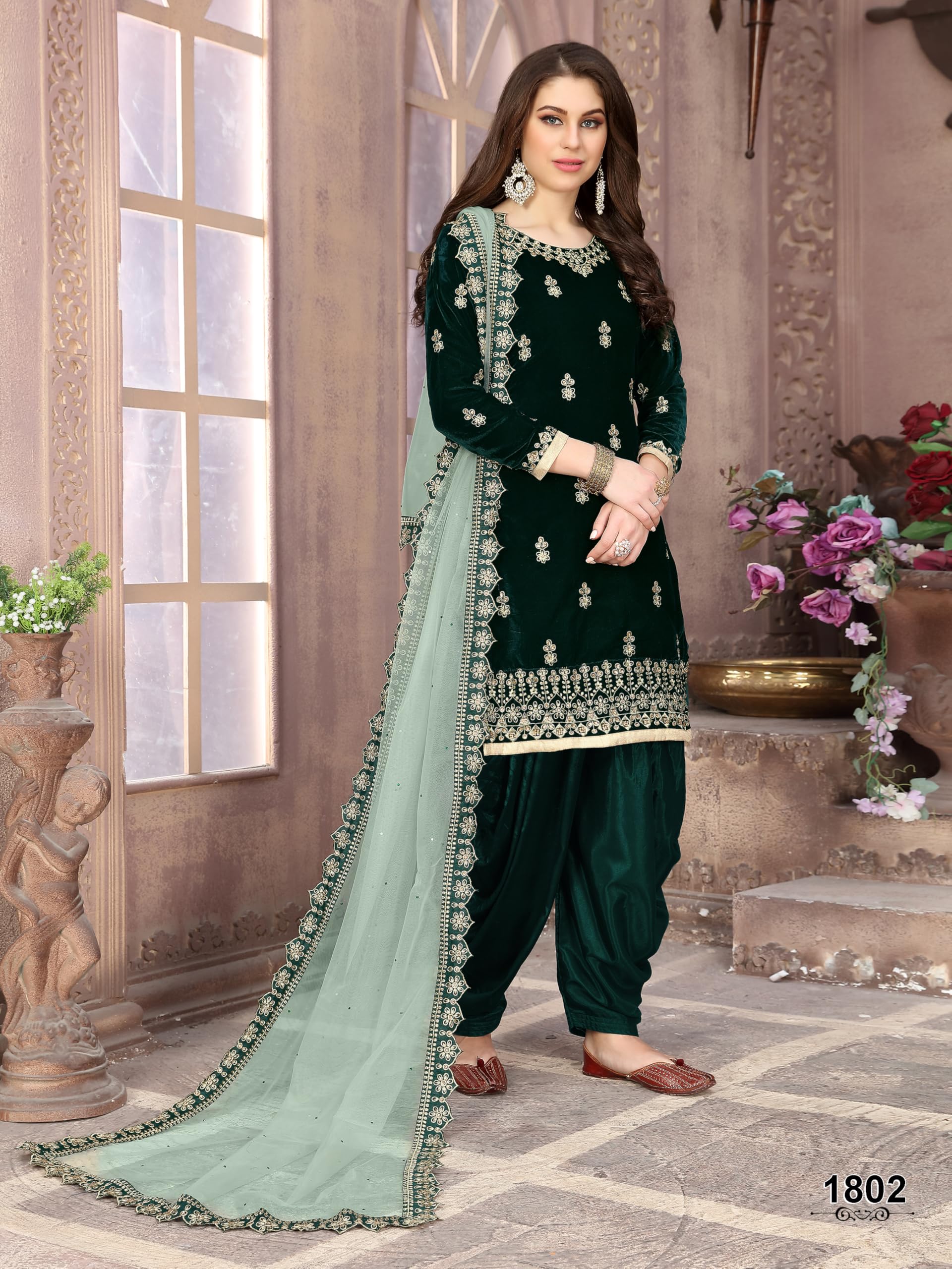 Emerald Velvet Designer Patiala Salwar Kameez with Embroidered Dupatta for Celebrations