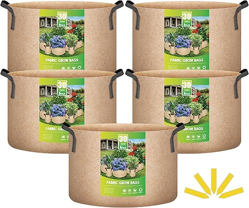 iPower Bolsa de cultivo de plantas de 30 galones, paquete de 5 macetas de tela resistente, contenedor duradero de aireación no tejida gruesa de