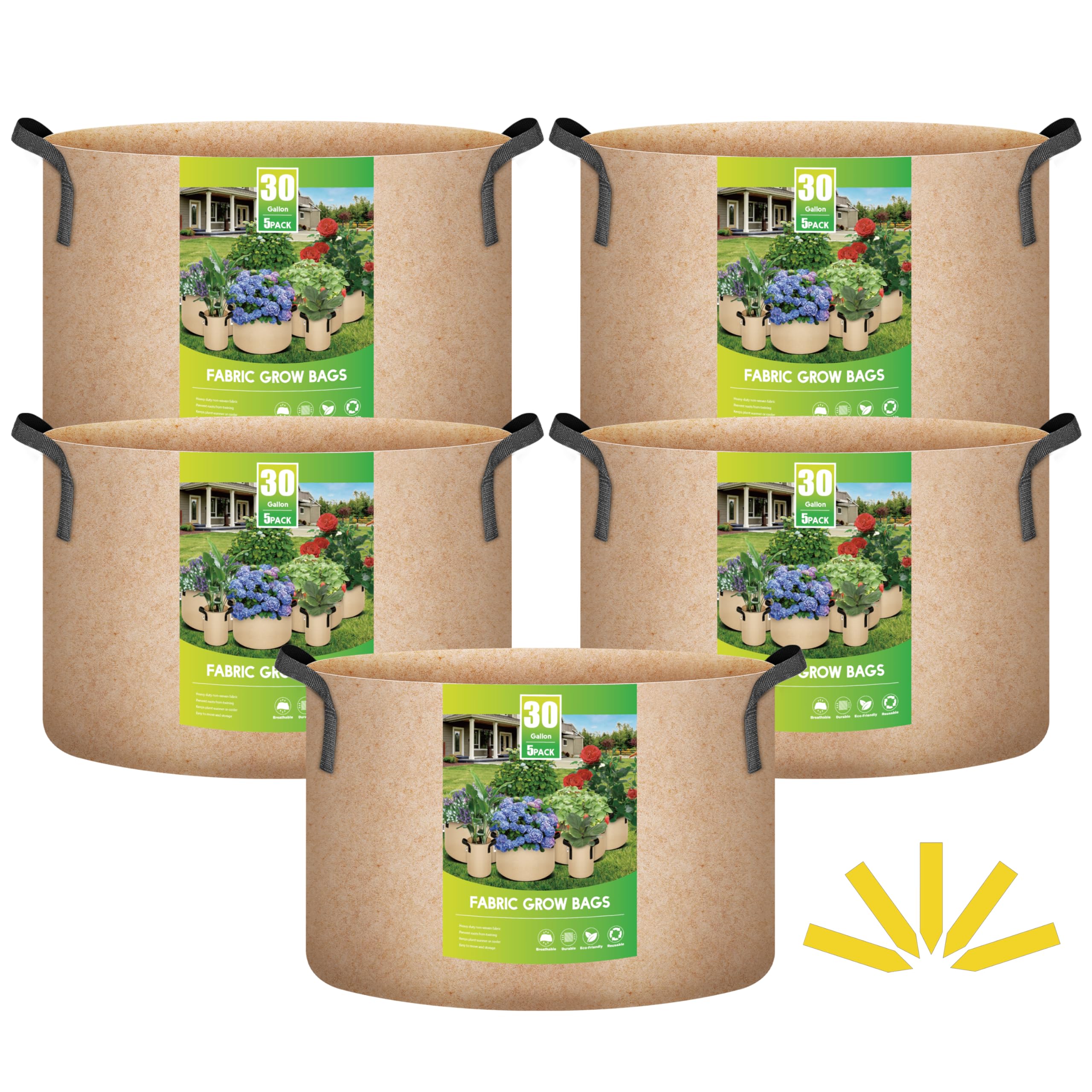 5-Pack 30 Gallon Plant Grow Bags Thickened Nonwoven Aeration Fabric Pots Heavy Duty Durable Container, Strap Handles for Garden, Tan