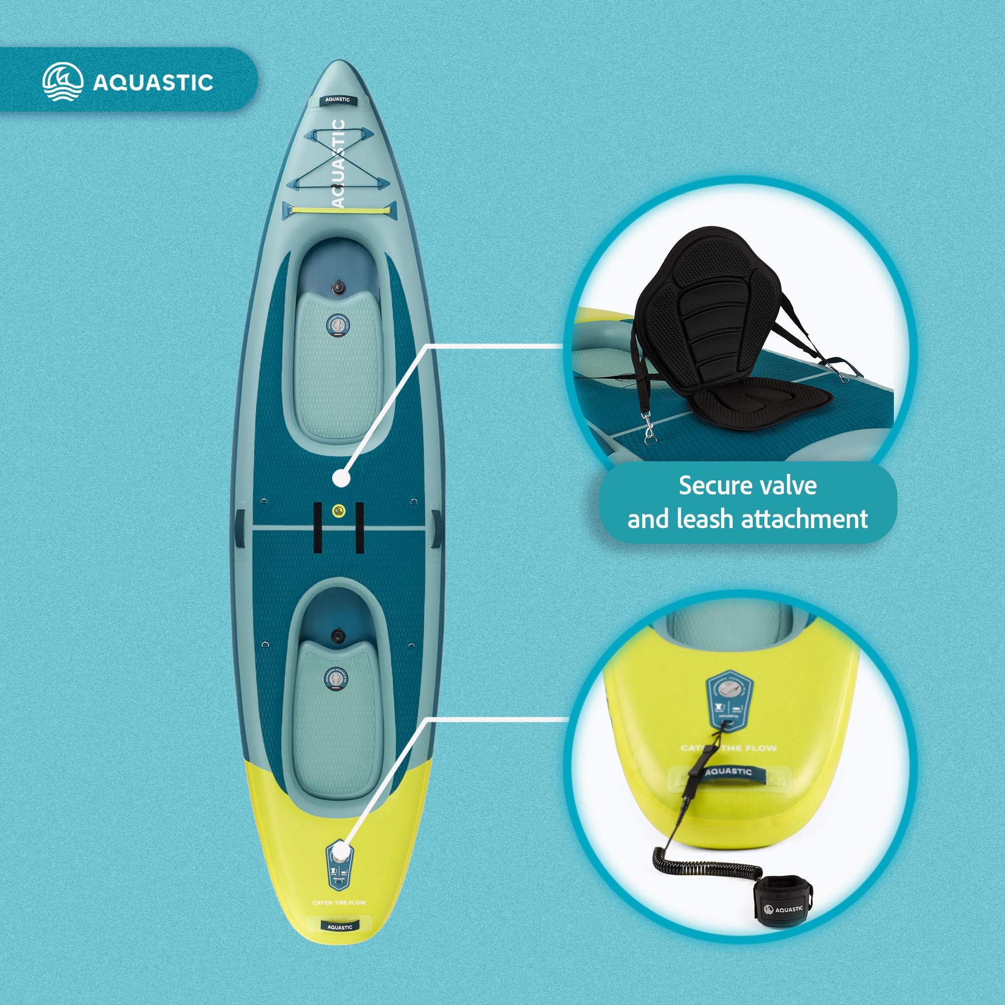 AQUASTIC Raglan 13'2" SUP Kajak Hybrid Board – 620L, 2 Paddelpositionen, Sitz montierbar, Drop Stitch Lite, 98cm breit, 2 Finnen, Eva Deck, Komplettset mit Paddel, Pumpe & Rucksack