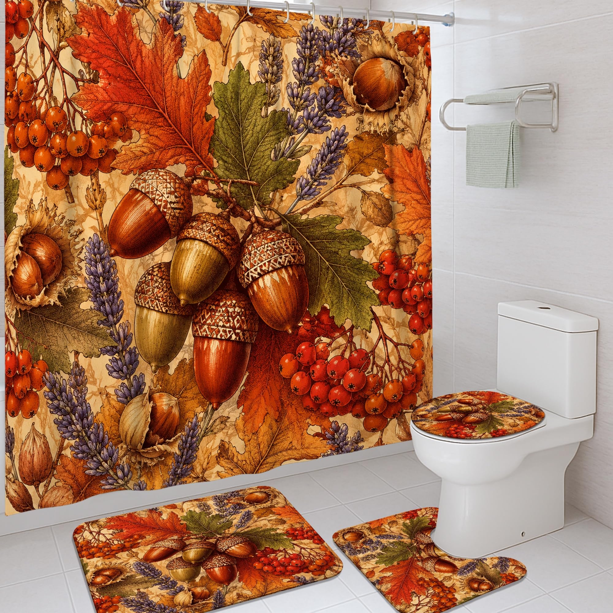 Rideau de douche et tapis lavable motif baies d'automne pour éliminer la monotonie