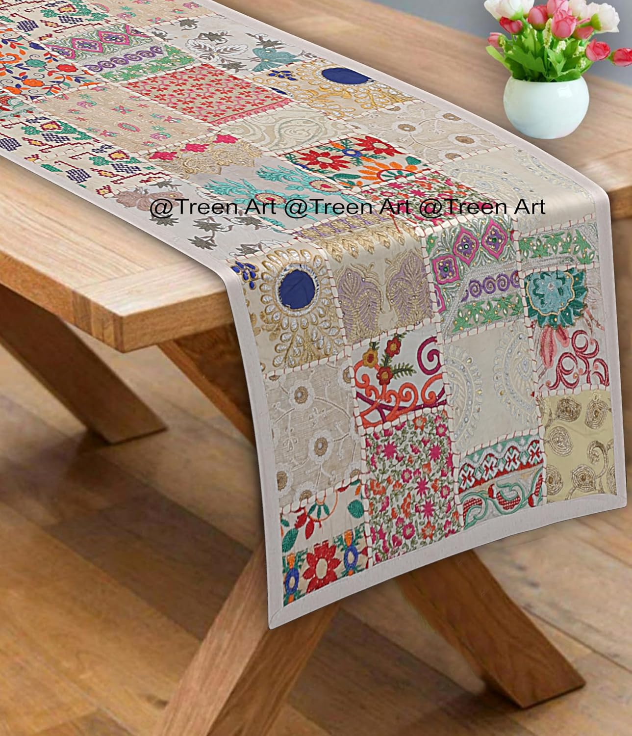 Treen ArtNew Linen Table Runner Ethnic 100% Cotton Embroidered Handcrafted Home Decor Long Patchwork Dining Table Cloth (White 12"" W x 72"" L)