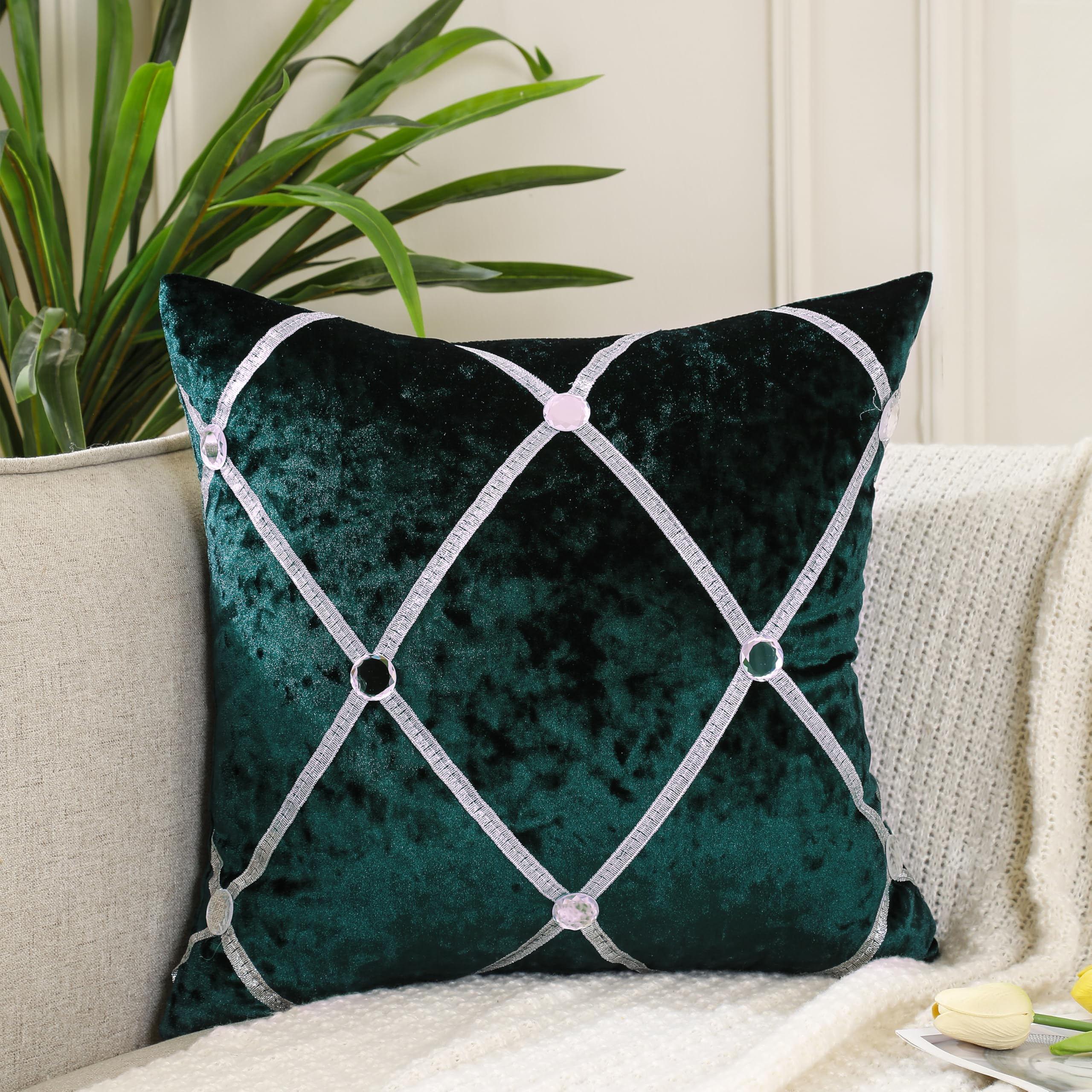 Anything 4 you Velvet Throw Pillow Covers Set of 2-45 x 45 cm (18 x 18 inch) Emerald Green Cushion Cover with Luxury Diamond Rhinestone Design,Invisible Zipper-Ideal for Living Room, Sofa & Bedroom โ image 1