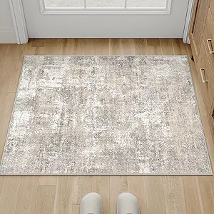 Machine Washable Area Rug 2x3 Beige Gray Entryway Entrance Neutral Door Mat Kitchen Indoor Accent Modern Abstract Low Pile Carpet Non Slip Distressed Throw Rug Bathroom Bedroom Office