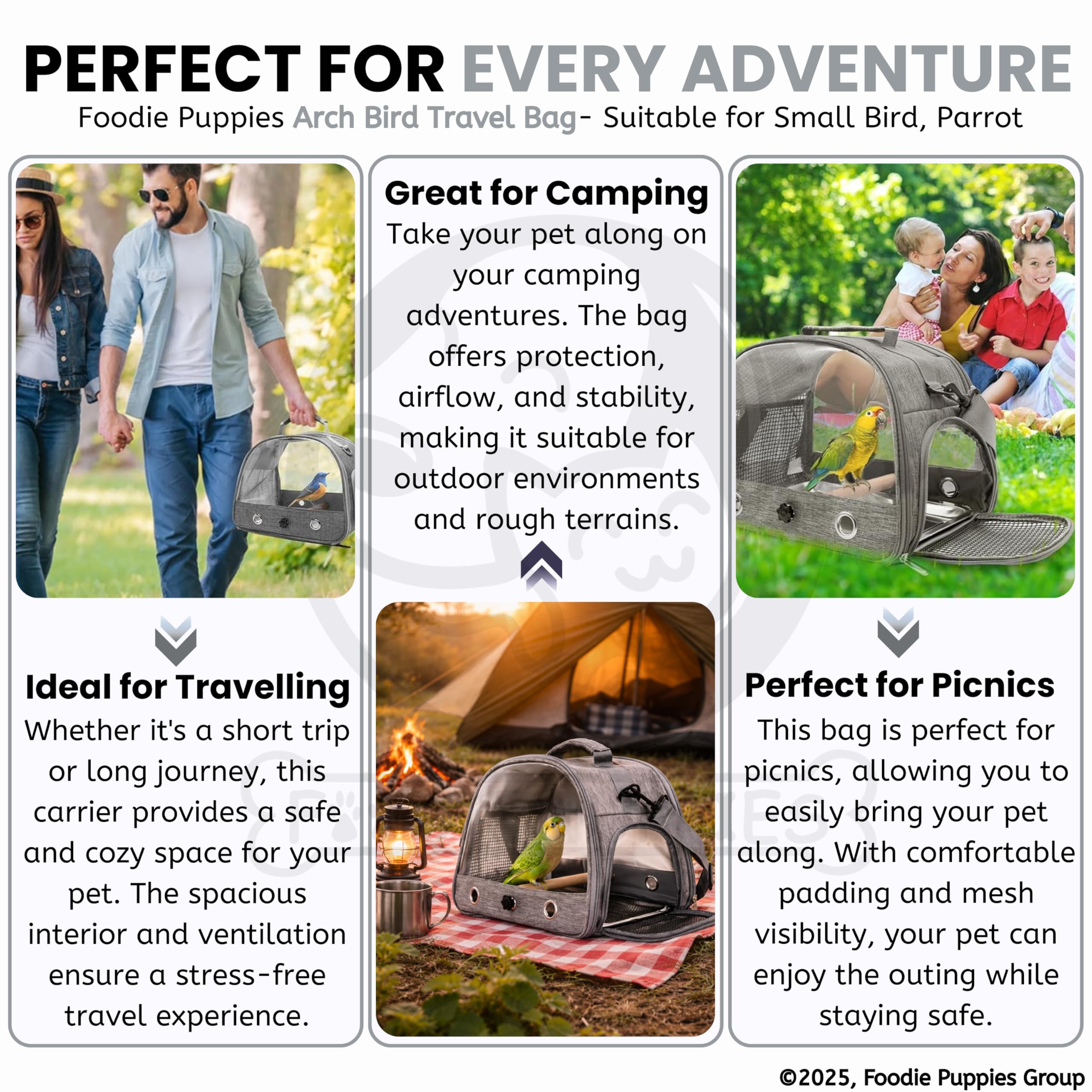 Foodie Puppies Bird Travel Carrier Bag with Wooden Perch and Tray - (Grey), (32x25x25cm) | Airline Approved, Ventilated and Transparent Window | Carrier Hand Bag for Hiking & Outdoor Adventures 4