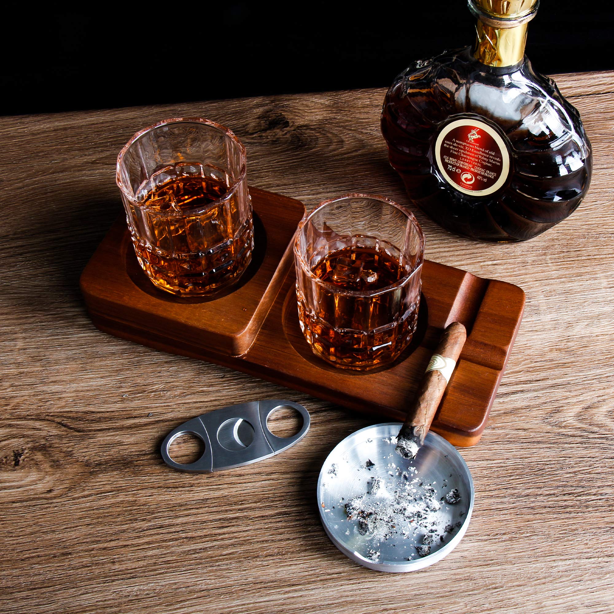 REANICE Cigare Cendrier En Bois Avec 2 Liqueurs De Rhum Personnalisé Whisky Cub Holder 1 Coupe-Cigare En Acier Inoxydable Guillotine Double Lame Fumer Accessoires pour Hommes Fumeur Boisson Coffret