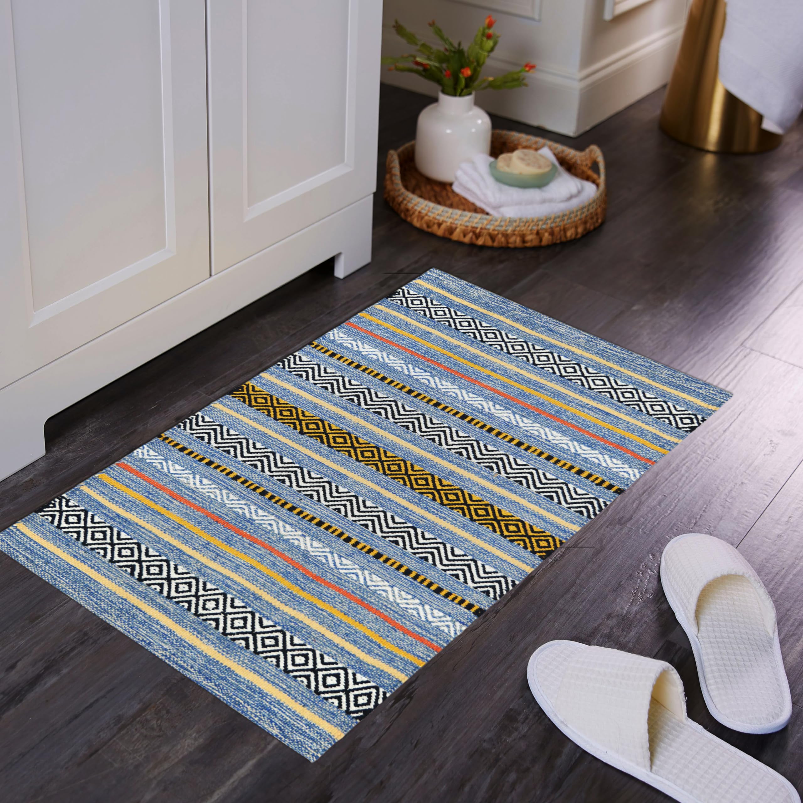 Premium Cotton Floor Rug for Bedroom, Living Room, Kitchen, etc. Anti Slip Floor Mat, Multiuse, Machine Washable Blue Melange Size- (2X3)-image-39