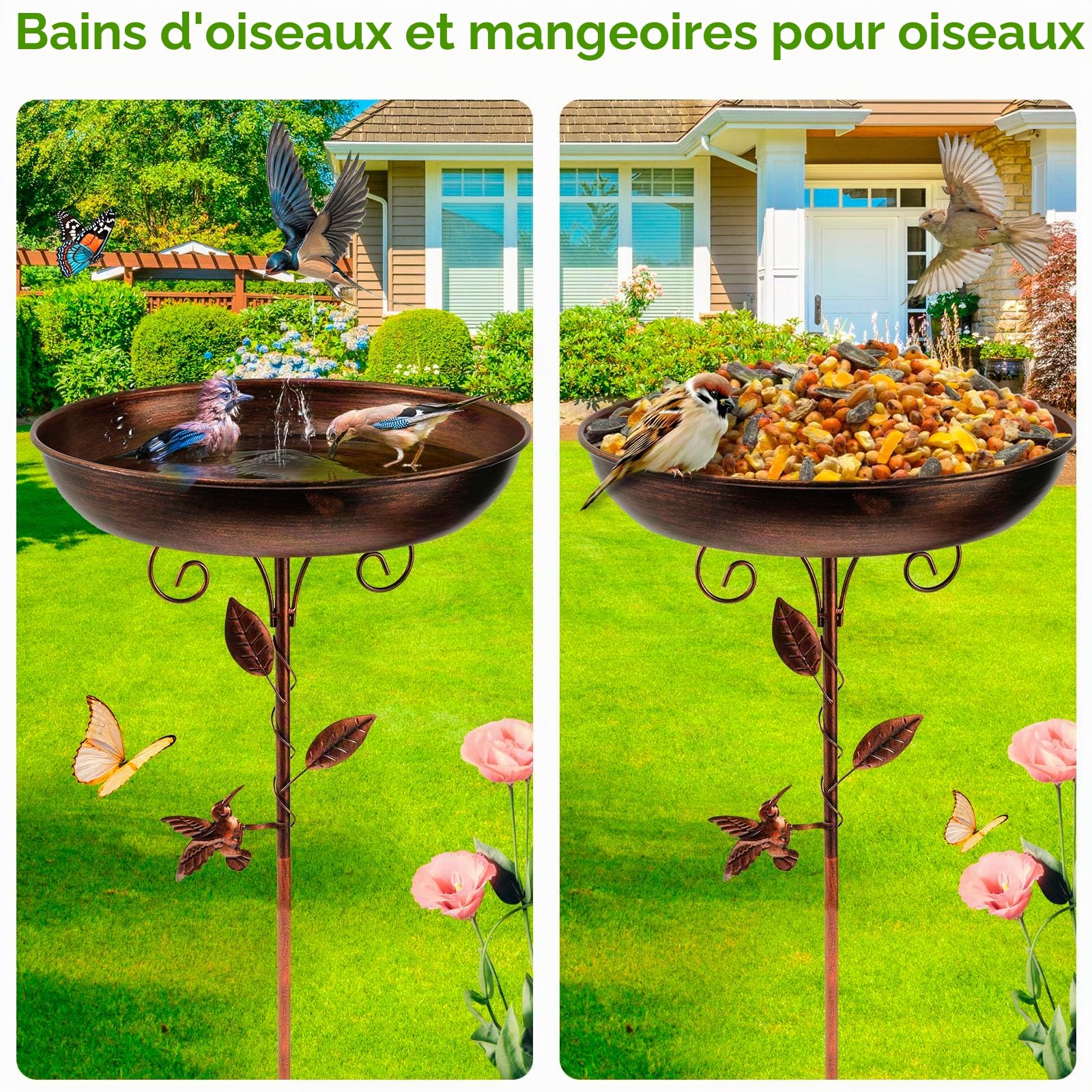 Abreuvoir pour oiseaux sur pied rétro en métal - 30 x 80 cm avec piquet, bain résistant au gel pour extérieur et hiver
