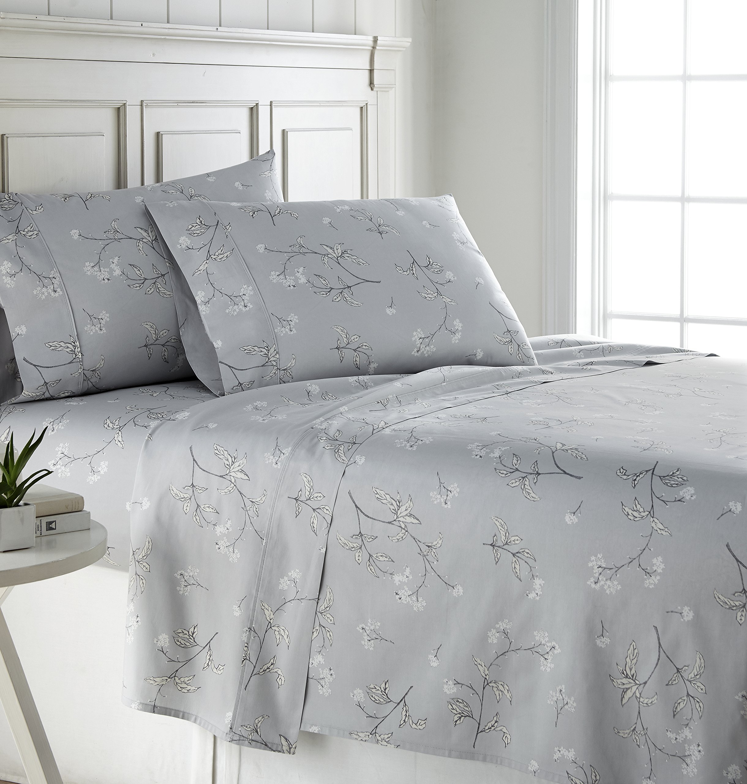 Southshore Fine Linens - BRITEYARN - Myosotis Scorpiodes Print - 300 Thread Count 100% Cotton, 4-Piece Extra Deep Pocket Sheet Set, King, Grey