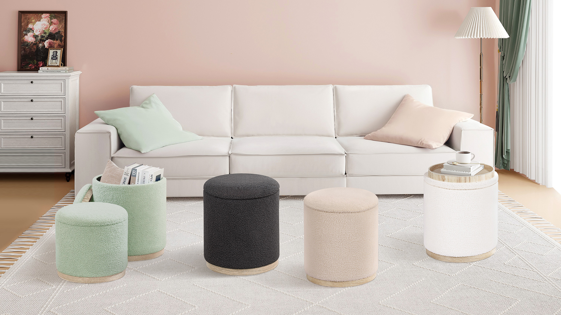 Amazon.com: B FSOBEIIALEO Storage Ottoman Round Boucle Ottomans 