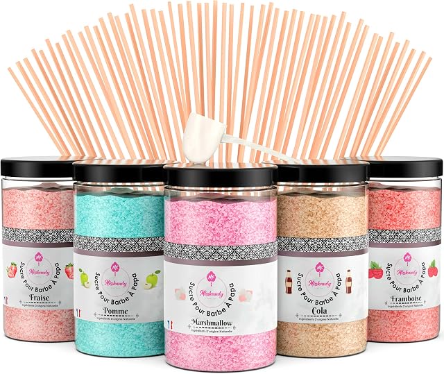 Misskandy®-Candy Floss Sugar Pack (5*300g) (Strawberry, Apple, Marshmallow, Cola, Raspberry) Use in Cotton Candy Maker + 50 Sticks of 30 cm (free)