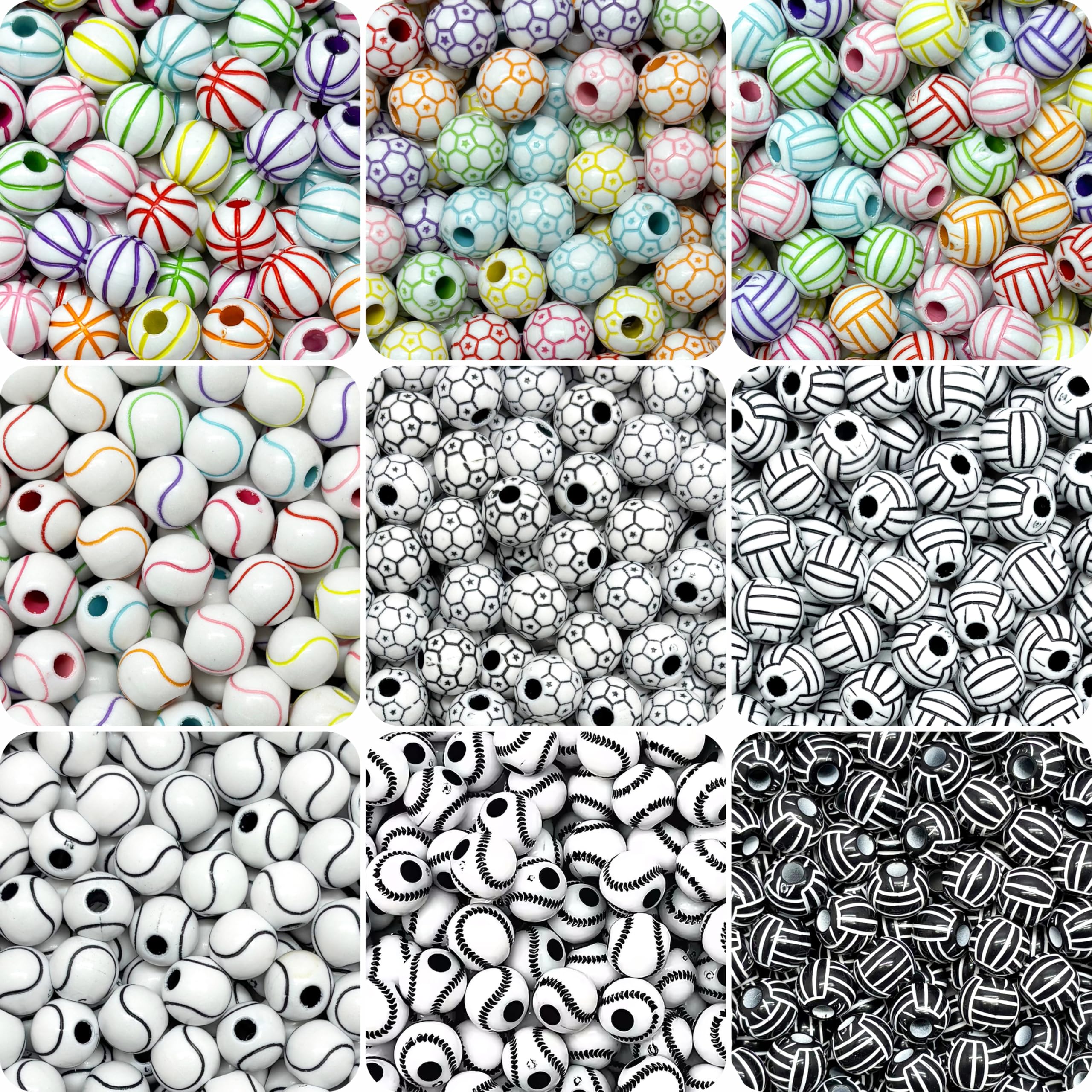 INDIKONB Acrylic Sports Ball & Striped Beads Set | Basketball Soccer Baseball Volleyball Football & Rainbow Stripe Pattern Beads for Keychain Bracelet Making | Round DIY Sports Theme Craft Beads Kit-image-24