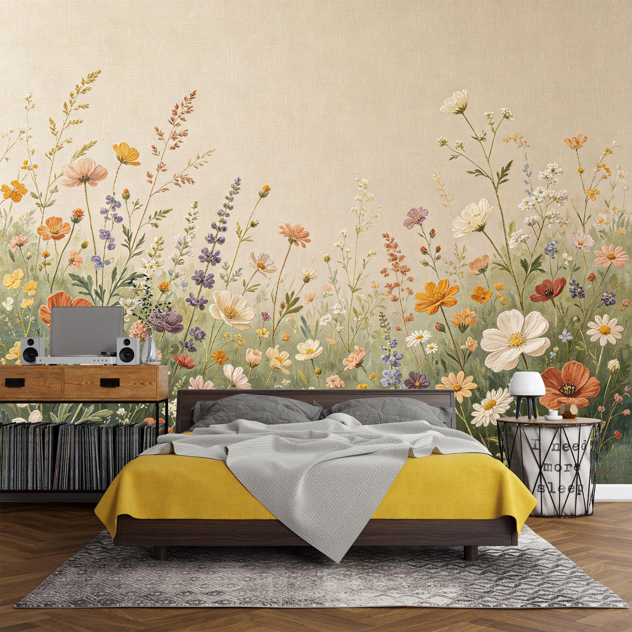 Custom Size Wall Mural， Botanical Wildflower Meadow Watercolor Floral Field，SelfAdhesive Art Prints wall Fabric (No PVC) Removable Wallpaper Living Room Decor