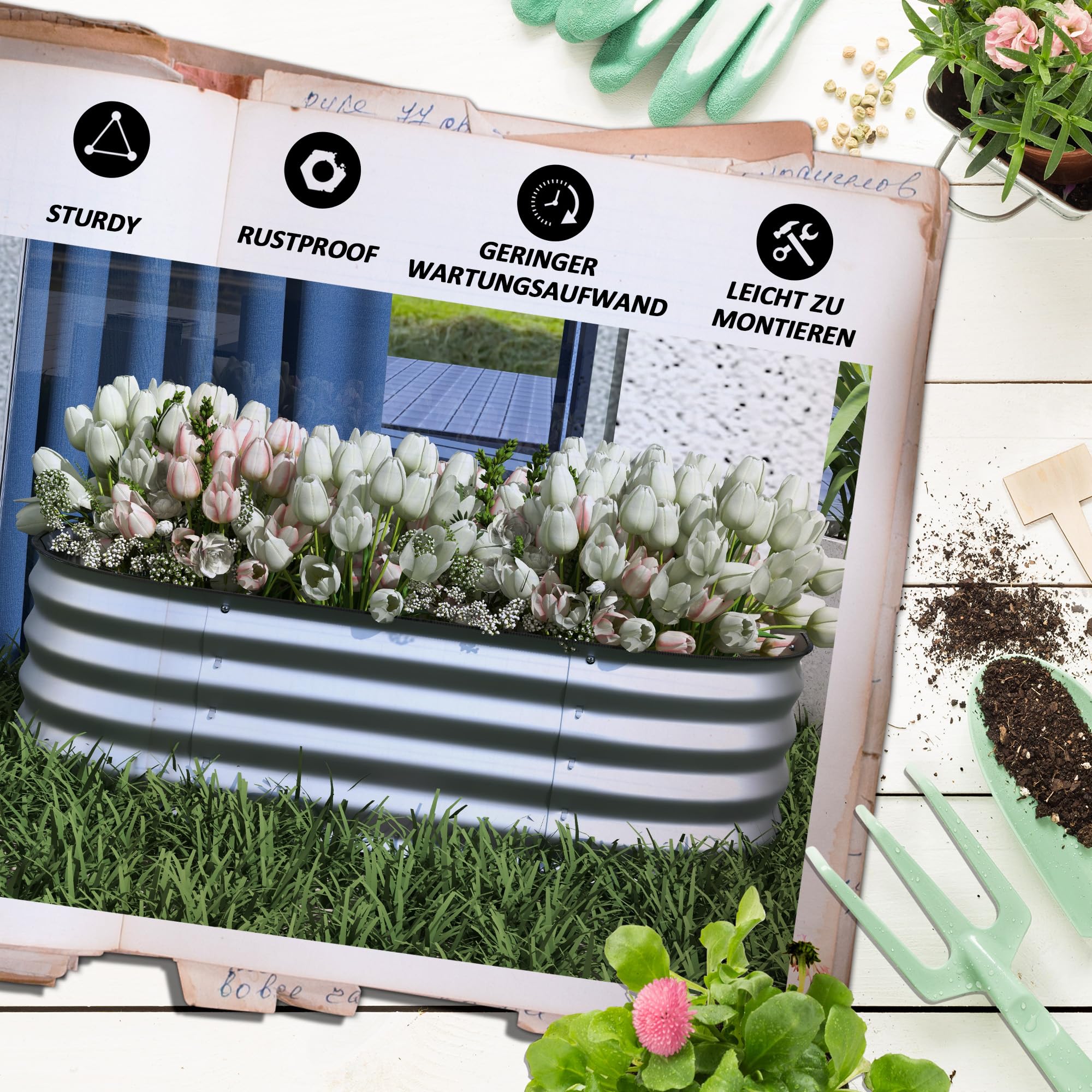 Outsunny Verhoogde bloembak vierkant stalen tuinmoestuin plantenbak modulair voor groenten, planten, bloemen, diameter 150 x 62 x 30 cm, groen Outsunny Verhoogde bloembak vierkant stalen tuinmoestuin plantenbak modulair voor groenten, planten, bloemen, diameter 150 x 62 x 30 cm, groen