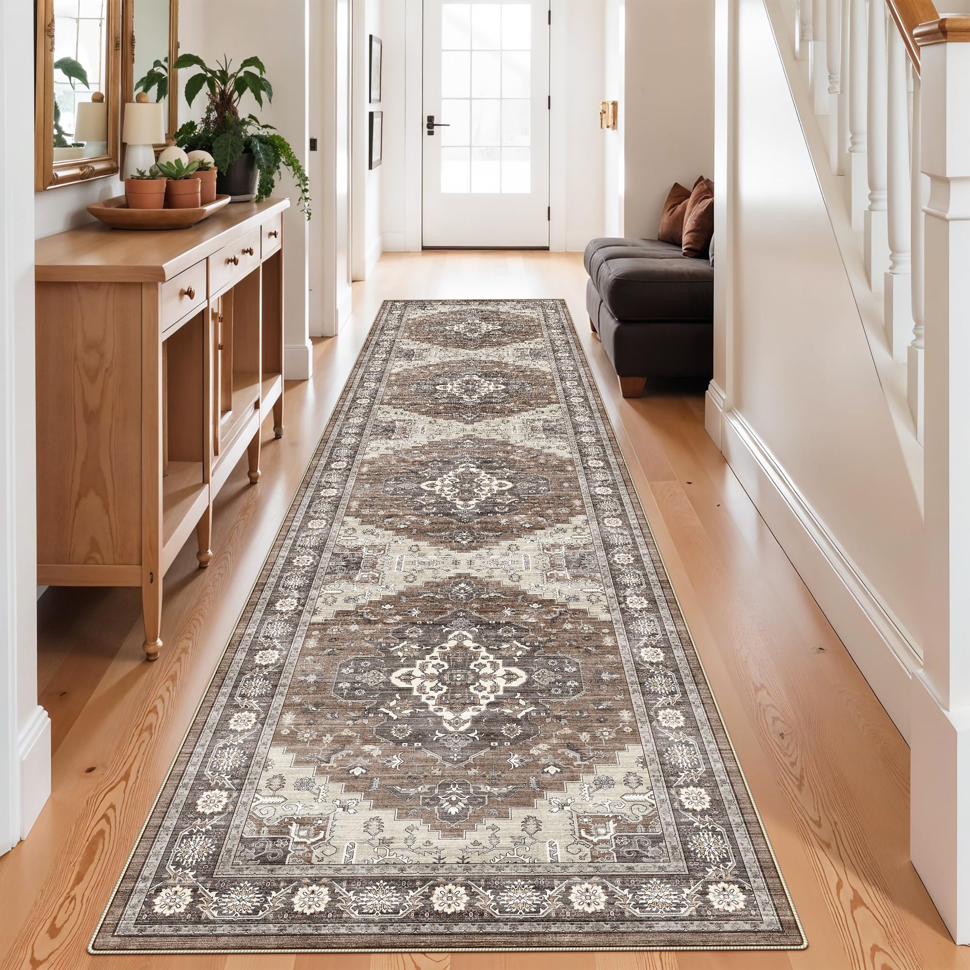 3x12 Washable Hallway Runner Rug: Oriental Living Room Entryway Wide Area Rug Ultra Soft Non Slip Runners for Kitchen Dining Room Stain Resistant Low Pile Floor Mat for Bathroom Bedroom(Brown,3x12)