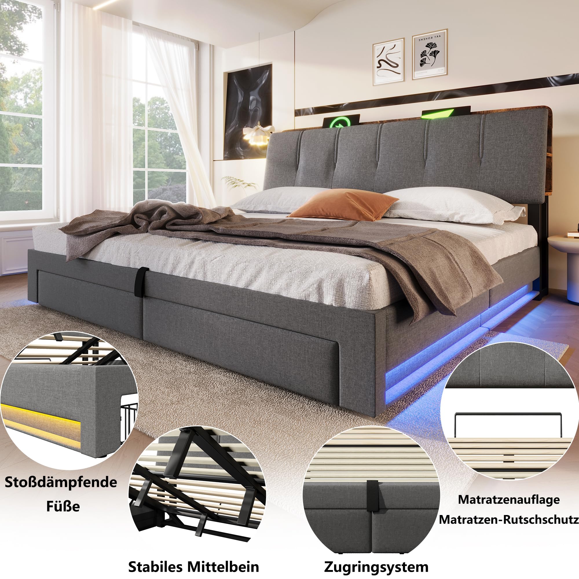 Polsterbett 180x200 cm mit LED-Beleuchtung und USB Typ-C Ladefunktion, Stauraumbett mit Hydrauliksystem, Doppelbett mit 2 Schubladen, Leinen, Grau(Ohne Matratze)