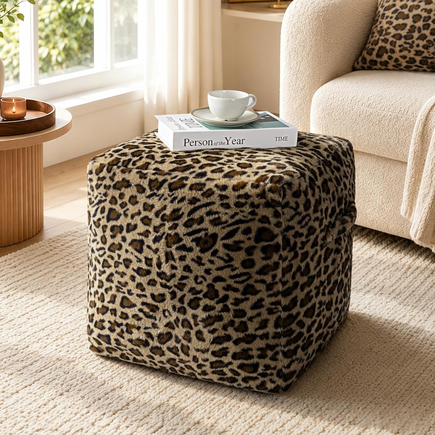 AELS Unstuffed Leopard Cheetah Print Pouf Cover for Living Room, Boho Chic Modern Storage Bean Bag Cube, Soft Faux Fur Ottoman Foot Rest Footstool, 18"x18"x18", Cover ONLY, Natural Leopard