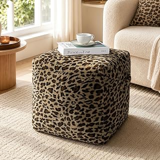 AELS Unstuffed Leopard Cheetah Print Pouf Cover for Living Room, Boho Chic Modern Storage Bean Bag Cube, Soft Faux Fur Ottoman Foot Rest Footstool, 18"x18"x18", Cover ONLY, Natural Leopard