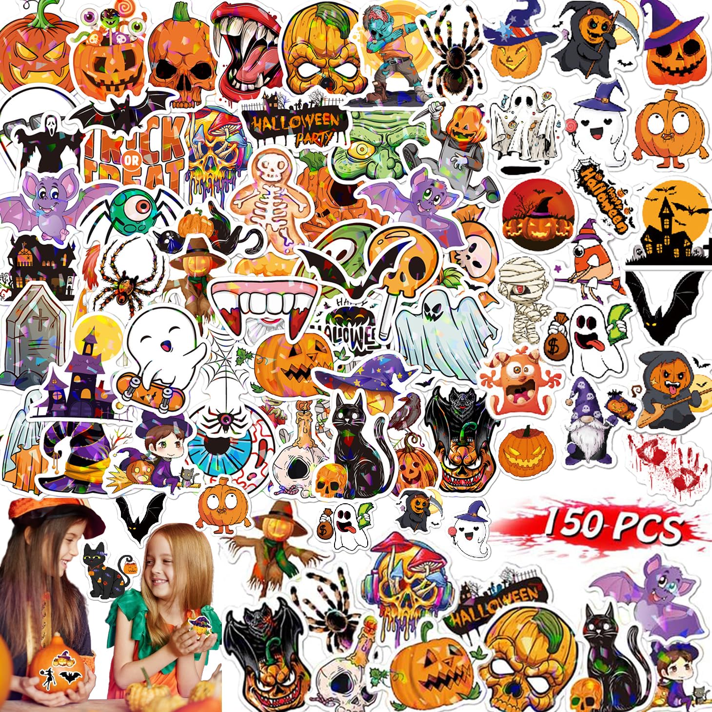 150PCS Halloween Pumpkin Ghost Witch Bat Stickers Non-Repeating Waterproof, Adhesive Vinyl Cute Halloween Stickers Pack for Kids, Halloween Party Favors Gifts, Halloween Stickers Bulk for Boys Girls