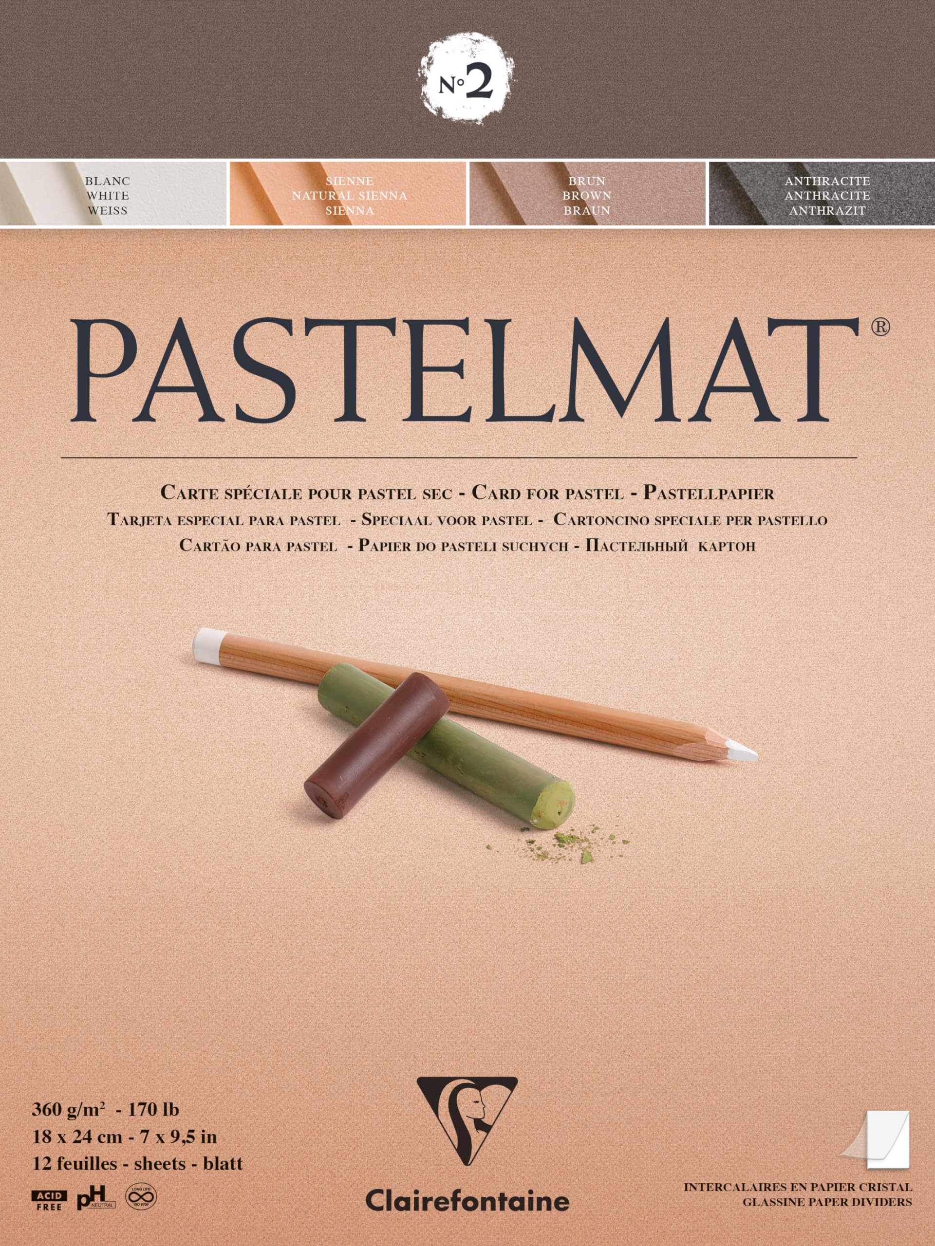 Clairefontaine 96005C Blocco collato Pastelmat n°2 - 12 Fogli di carta Speciale per Pastelli secchi - 18x24 cm 360g - 4 Colori Assortiti - Divisori in carta Cristal