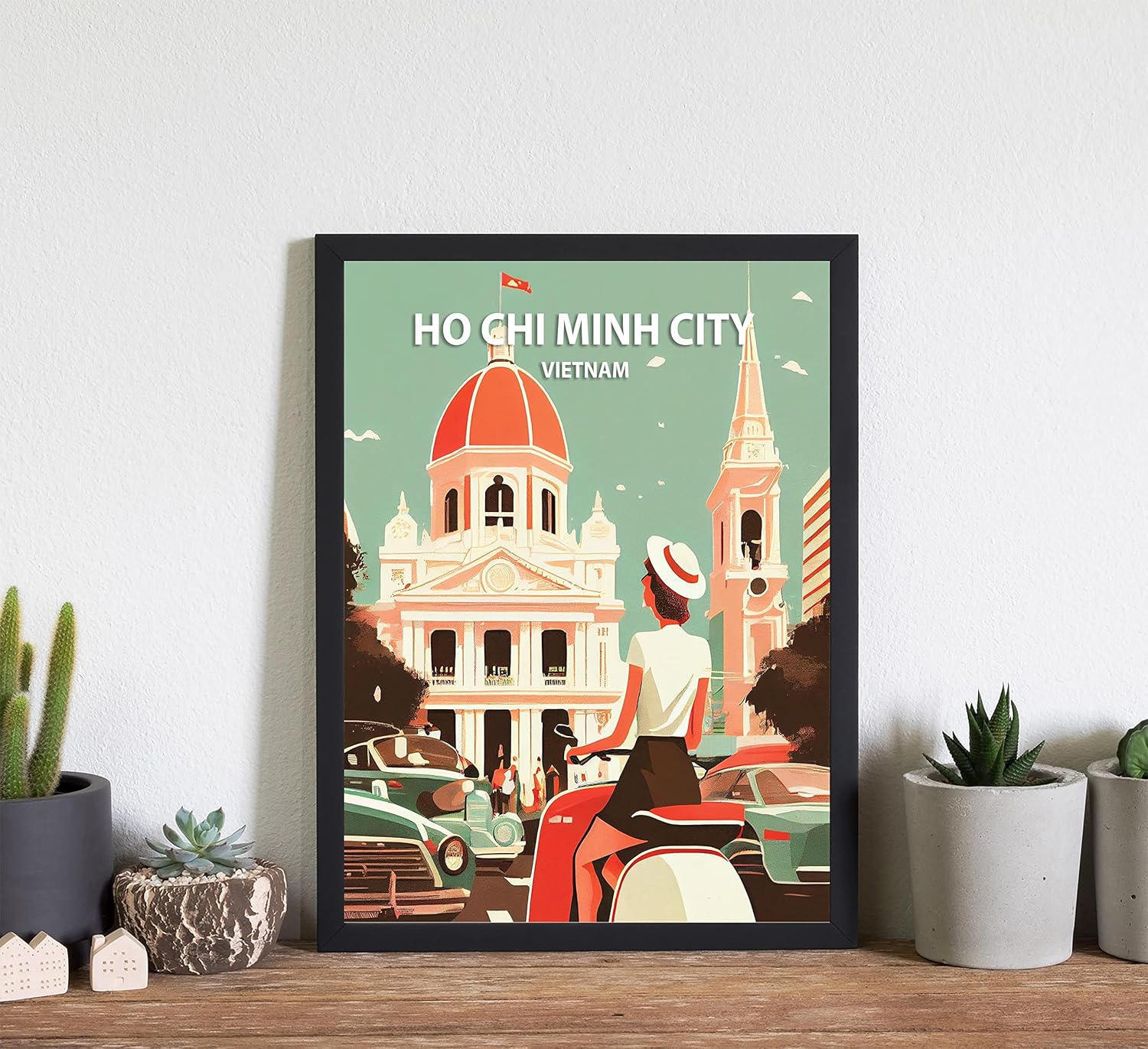 Ho Chi Minh City Retro Art Print Poster, Vietnam Wall Art for Living Room, Bedroom, Office - Landscape Picture Home Decor (16x20 inches + Black Frame)