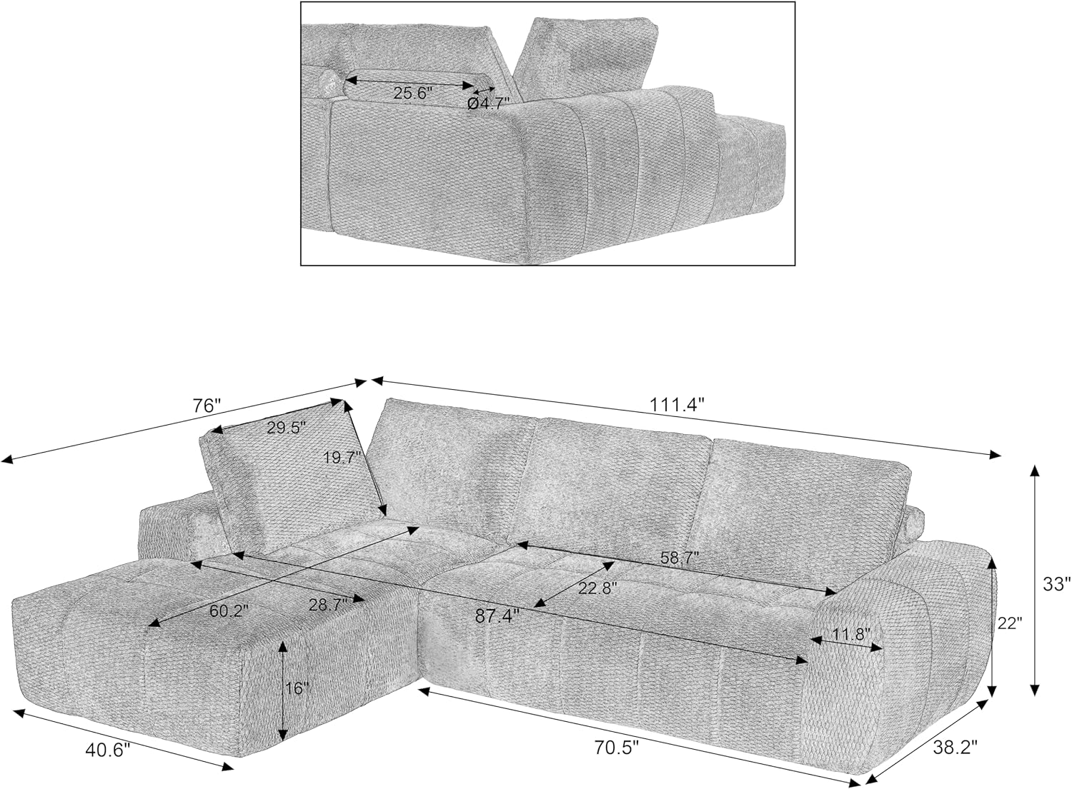 111.4" Modern Minimalist Style L-Shape Sofa,Comfortable Chenille 3 Seat Couch,Exquisite Luxury Chaise Lounge,No Assembly Required for Living Room,Apartment,Reception,Khaki + Left Chaise Lounge