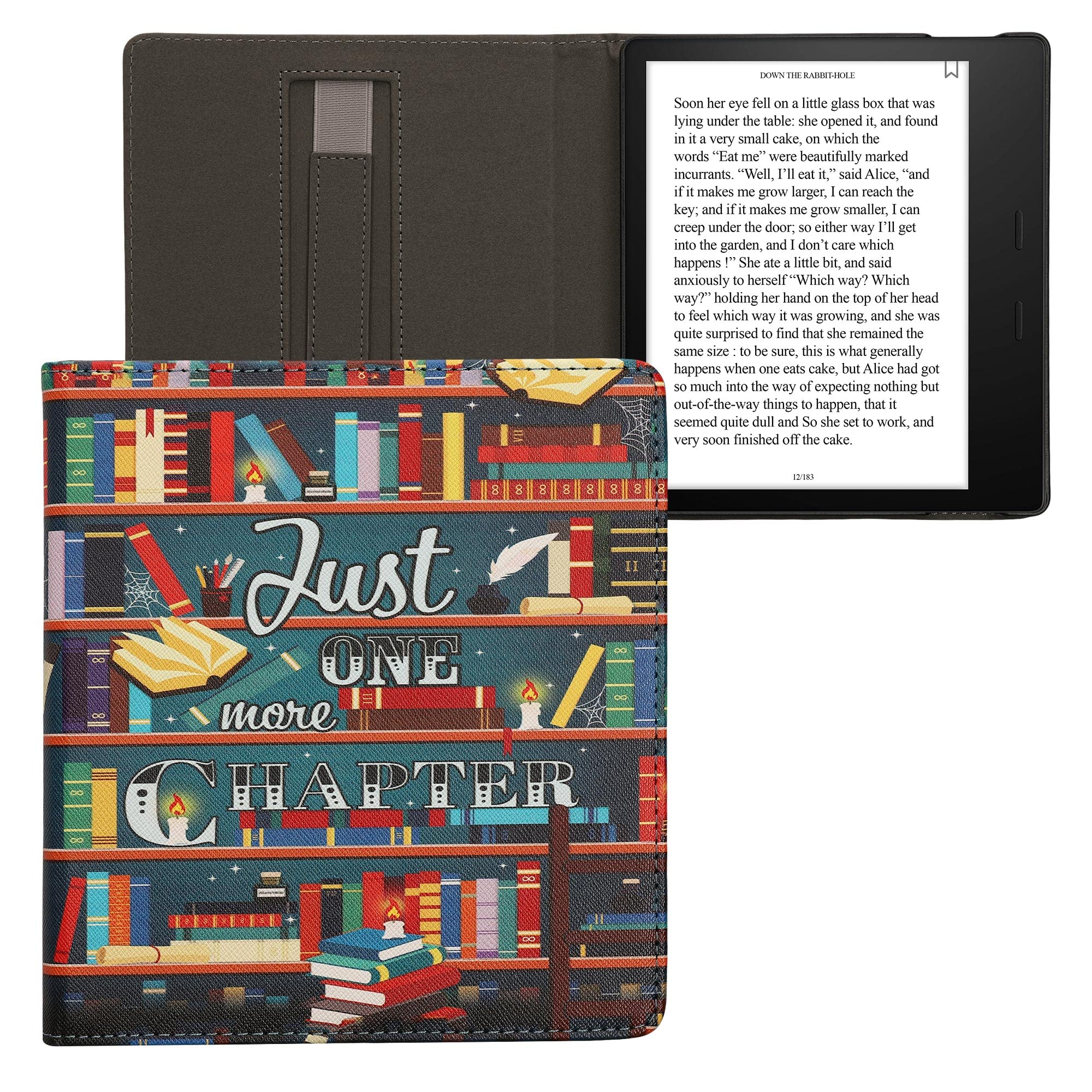 kwmobile Etui kompatybilne z Amazon Kindle Oasis 10. generacji - etui PU pokrowiec z paskiem - biblioteka Motto wielokolorowe
