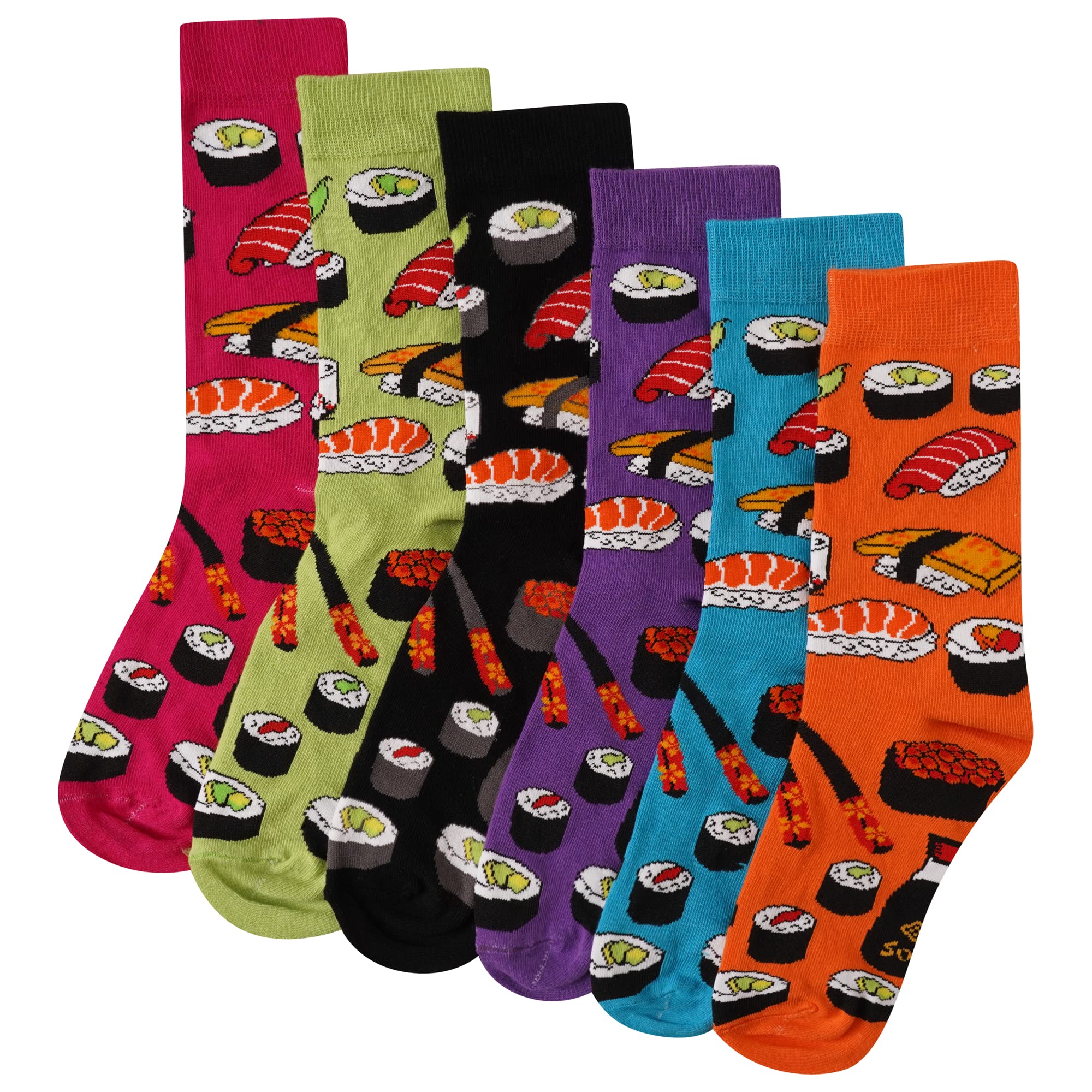 Mens Sushi Design Socks - 6 Pack - Novelty Sushi Designs - Cotton Rich Bright Assorted Colours - UK Shoe Size 6-11