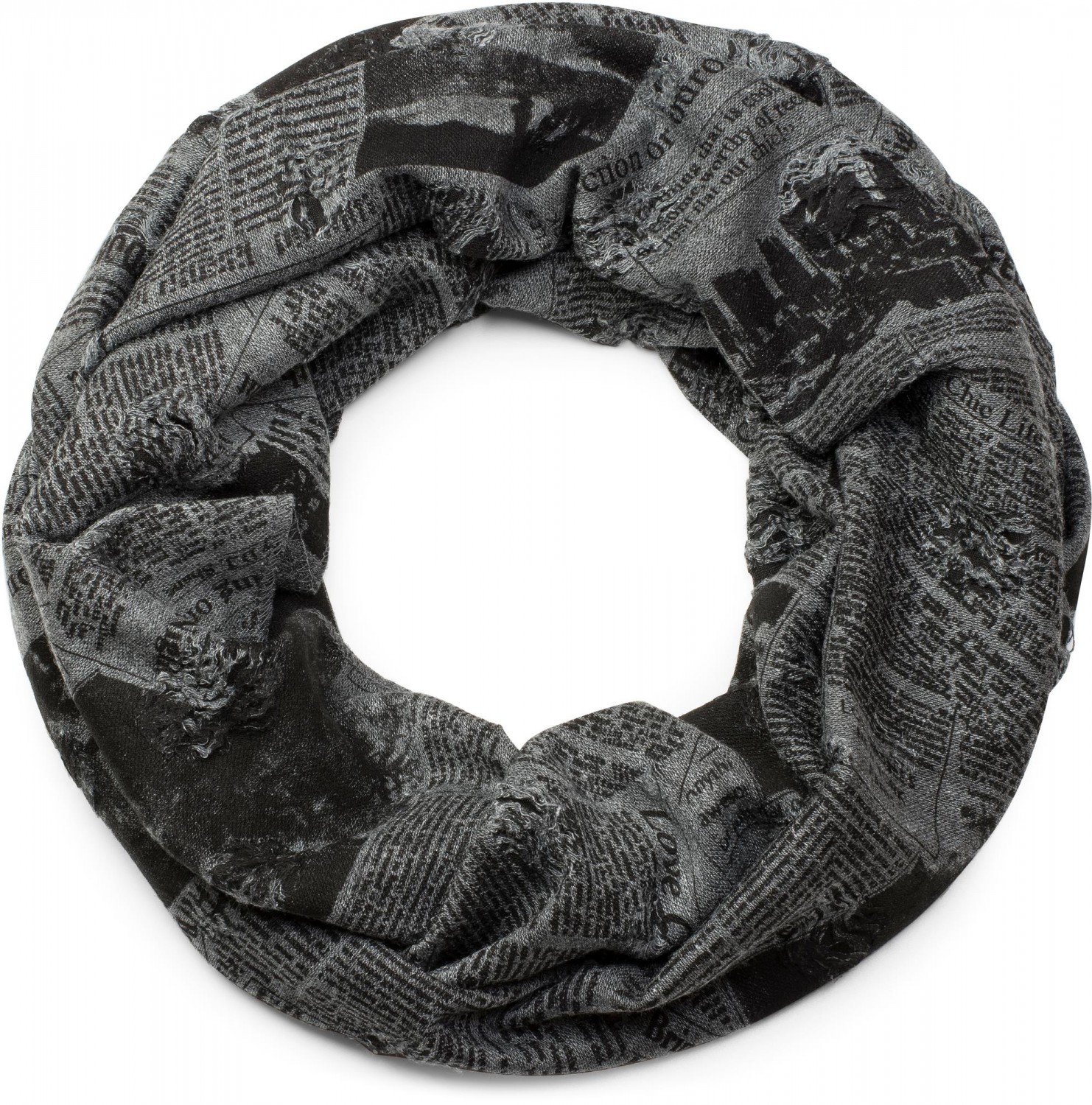 Stylebreaker Women's Dark Grey Destroyed Vintage-Look Newspaper Print Loop Tube Scarf, Scarf, Kerchief, Unisex 01017043, Color: