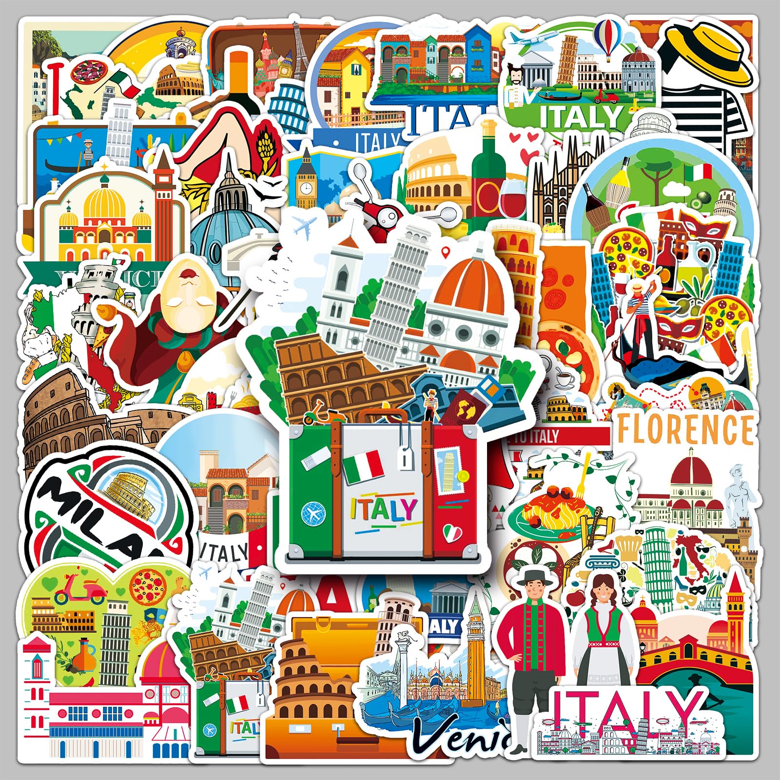Kaderas Italy Travel Stickers 50 Pcs, Venice Milan Leaning Tower Of Pisa Landmark Stickers