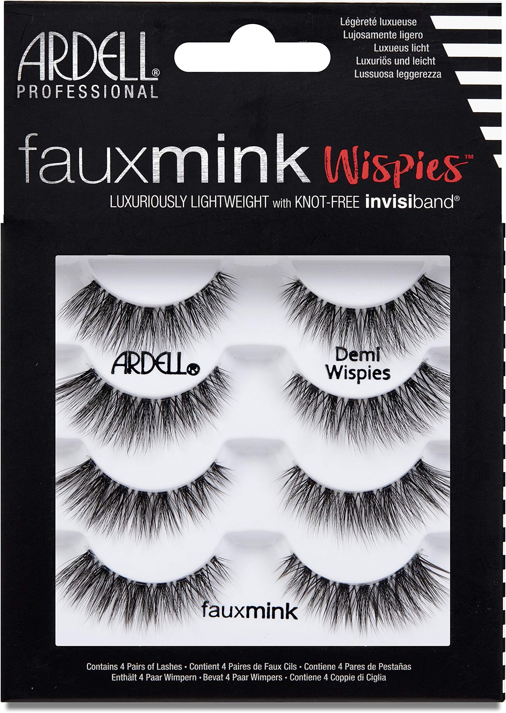 False Eyelashes Faux Mink Demi Wispies 4 Pairs Multipack Black Medium Volume Long Length Invisiband Lightweight Silky Soft Faux Mink Eyelashes Vegan-Friendly Cruelty-Free
