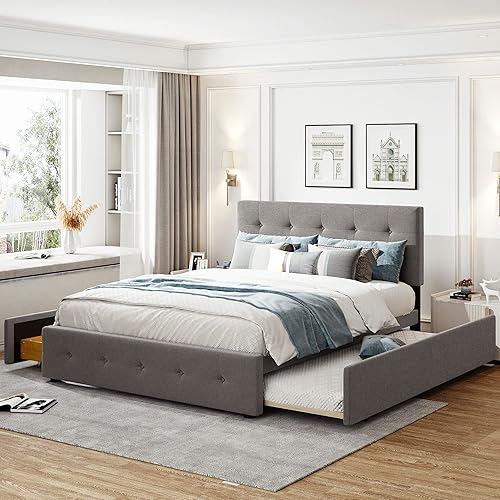 Base de cama tapizada con plataforma nido marco de cama tamaño Queen con 2 cajones soporte de listones de madera no necesita somier fácil montaje