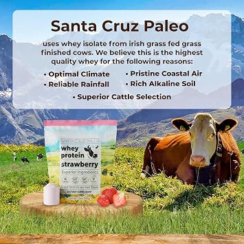 Santa Cruz Paleo Whey Protein Powder, Strawberry, 20g Grass Fed Whey Protein Isolate Per Serving, Gluten Free, Keto, Sugar Free, Paleo, Natural, Post Workout Muscle Support, 20 Servings, 1.2lb Bag