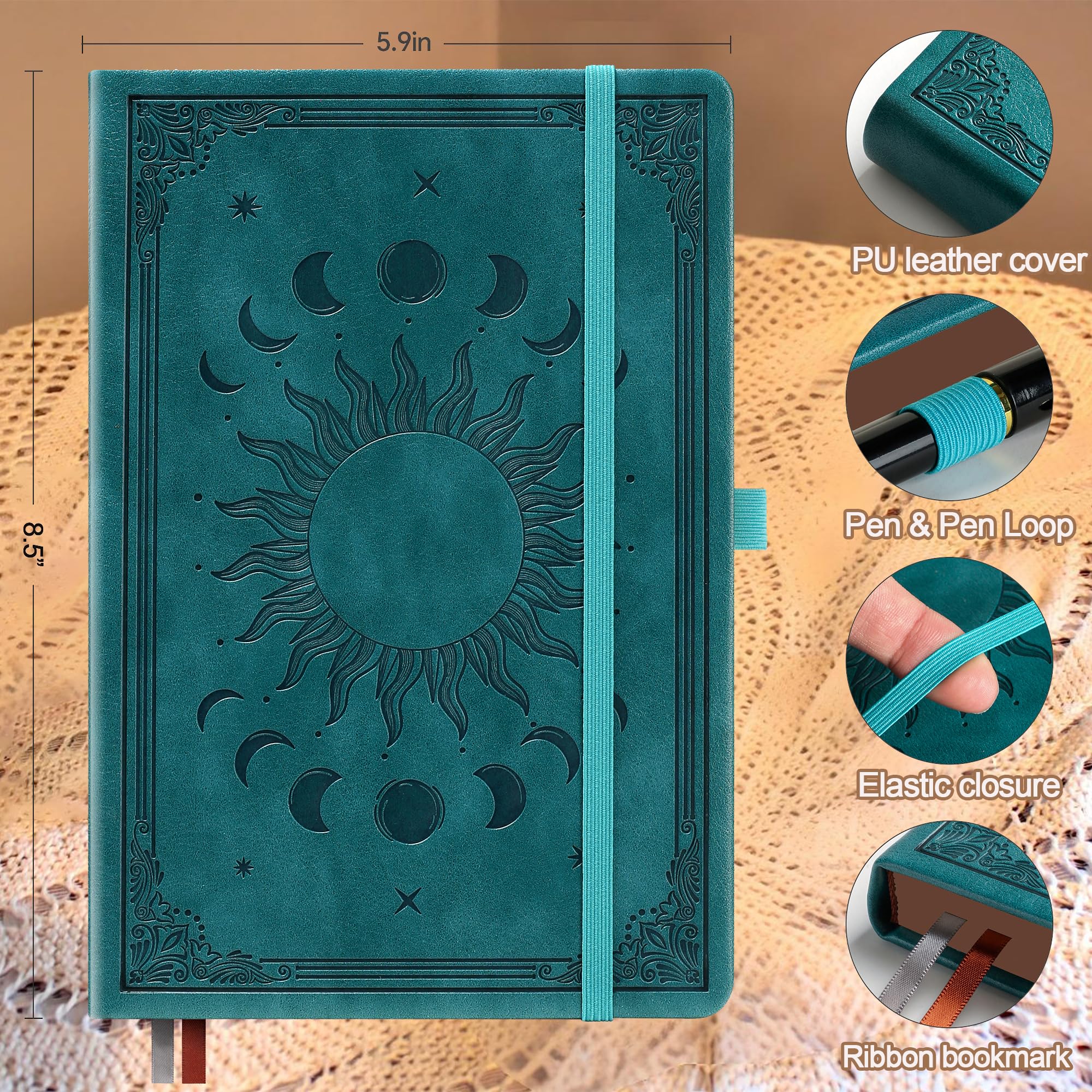 HwxBen A5 360 Seiten, liniertes Leder-Tagebuch mit Stifte-Set, Tagebuch-Notizbuch zum Schreiben für Damen und Herren, 120 g/m² dickes Schreibpapier, Leder-Hardcover, SeaGreen (15 x 21 cm)