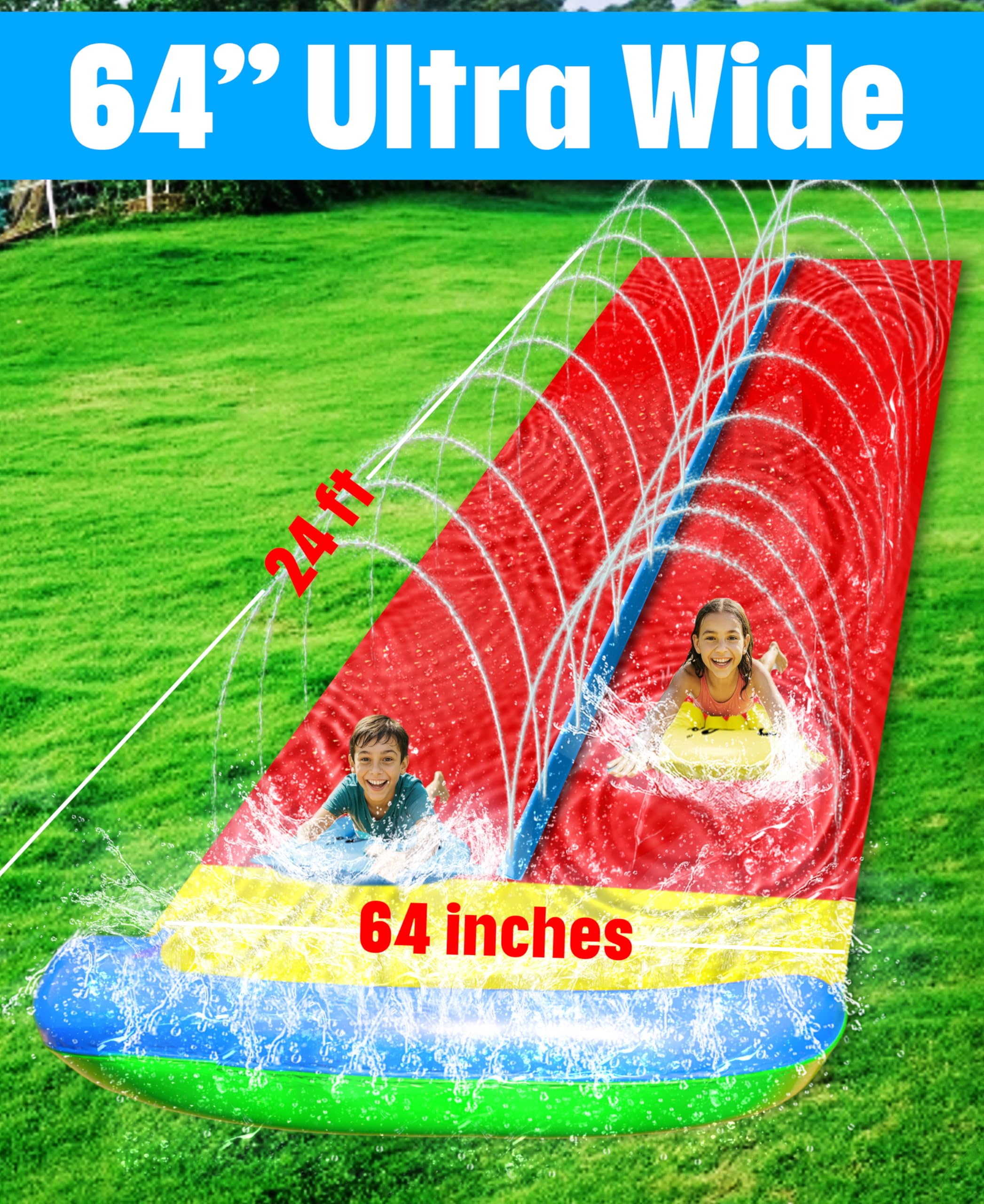 24 pies XL Slip Splash and Slide y 2 bodyboards, tobogán de agua de césped resistente, juguete de agua de verano con aspersor para patio trasero al aire libre diversión y juguetes para niños 8
