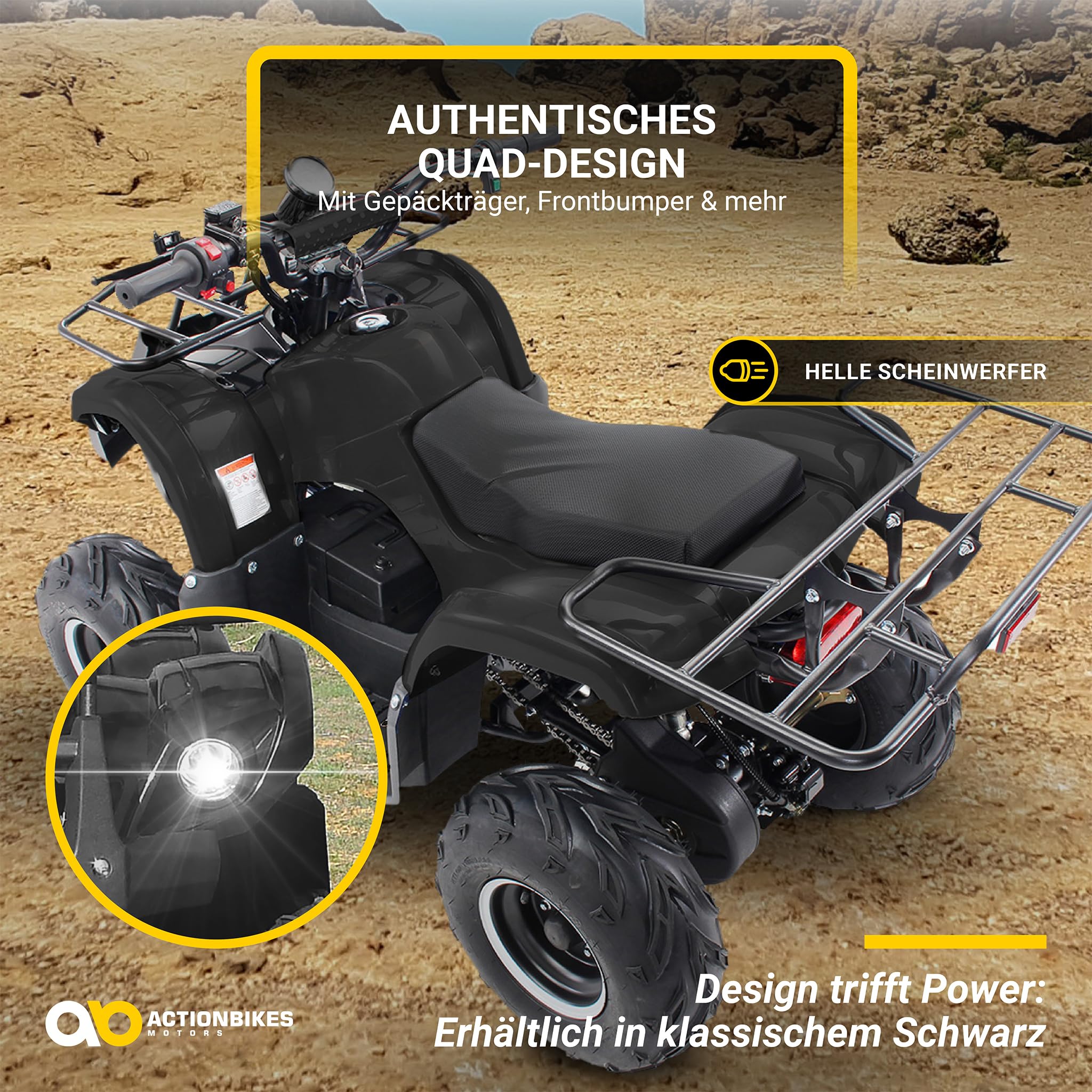 Actionbikes Motors Kinder Quad Elektro ATV S-8 Farmer | 𝟒𝟖 Volt 𝟭𝟬𝟬𝟬 Watt Motor bis 𝟐𝟬 km/h - Kinderquad - Pocket Quad - Scheibenbremsen - Miniquad - Für Kinder ab 8 Jahren (Schwarz)