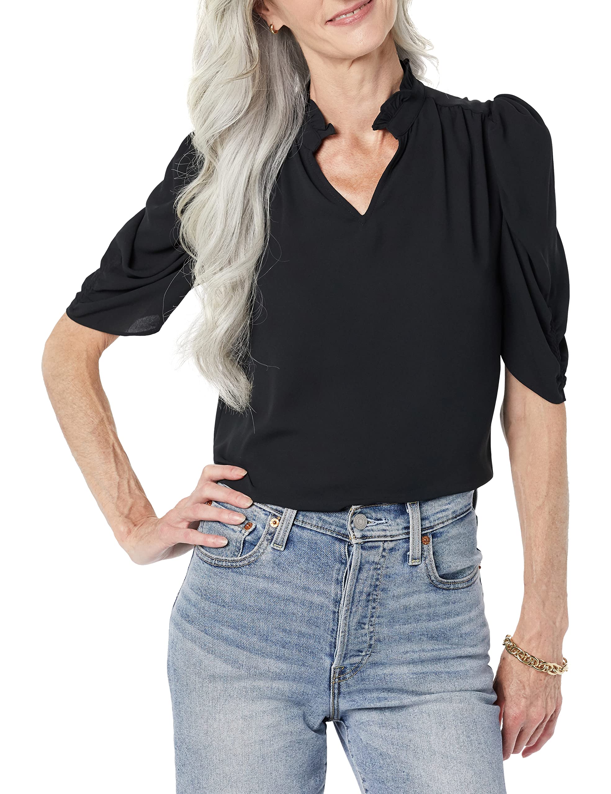 Amazon Essentials Womens Lightweight Georgette Half-Sleeve Ruffle Neck Woven Blouse