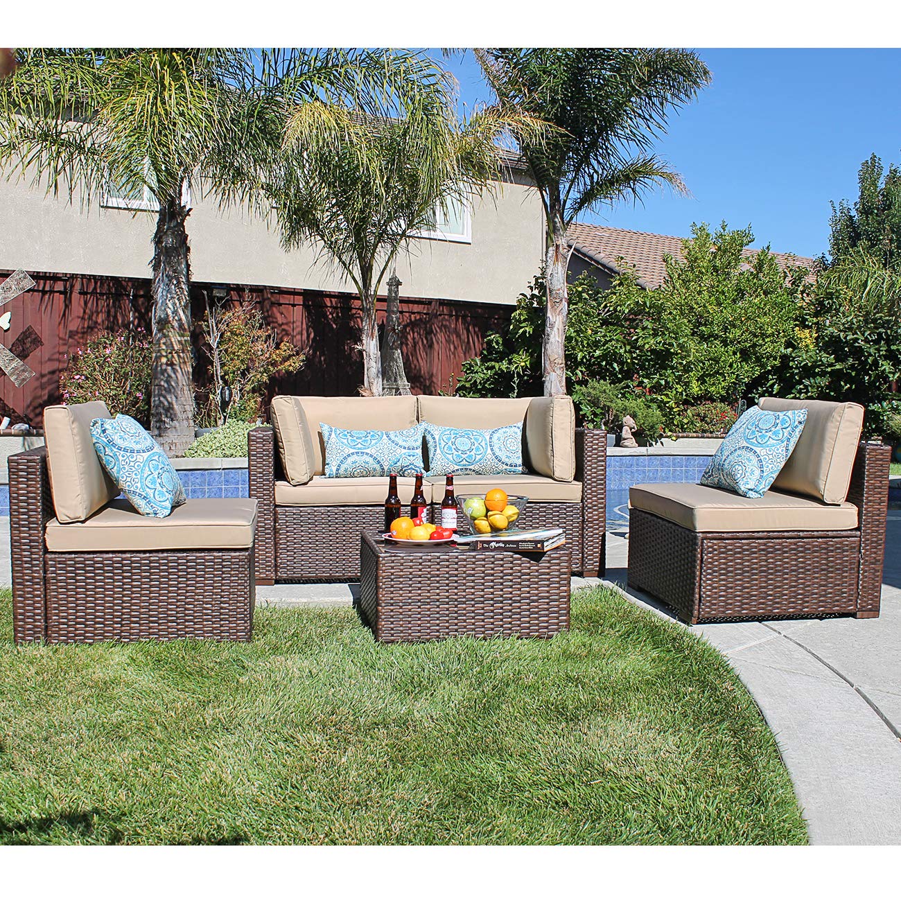 Patiorama 5 Piece Outdoor Patio Furniture Set, Outdoor Conversation Set All-Weather Brown Wicker with Beige Cushions, Outdoor Backyard Porch Garden Poolside Balcony Furniture Sets