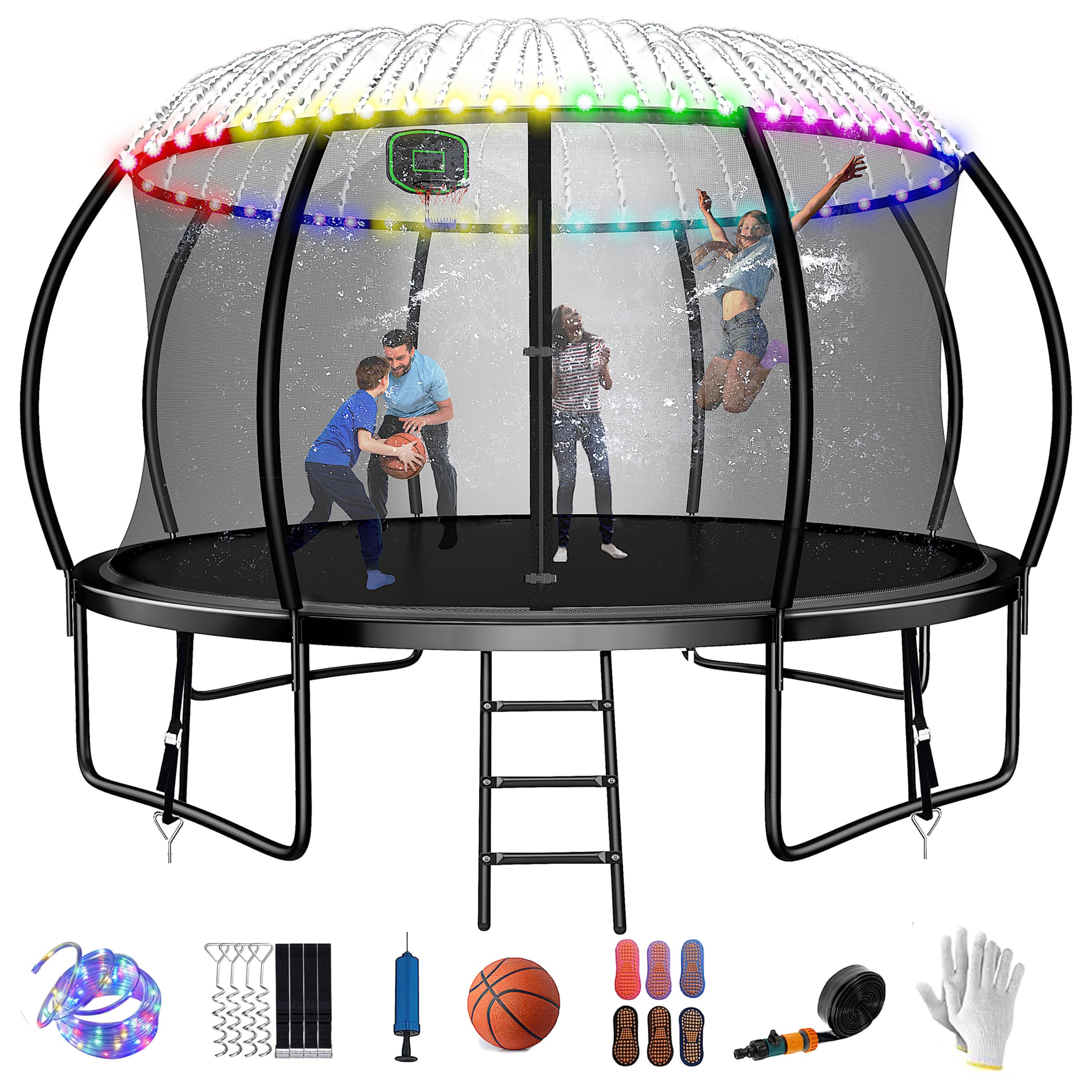 10FT 12FT 14FT 16FT Trampoline for Kids and Adults, Recreational Outdoor Trampolines with Enclosure Net, Ladder, Bonus Sprinkler and LED Lights -ASTM CPC CPSIA
