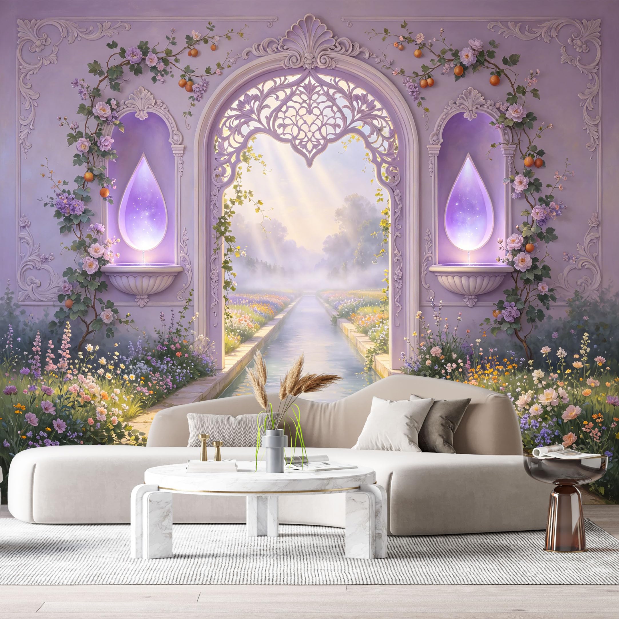Custom Size Wall Murals Fantasy Garden Archway Pastel Lavencal Water Canal 3D Trompe L'Oeil SelfAdhesiveWall Fabric Removable Wallpaper Wall Decor for Living Room Bedroom Bathroom