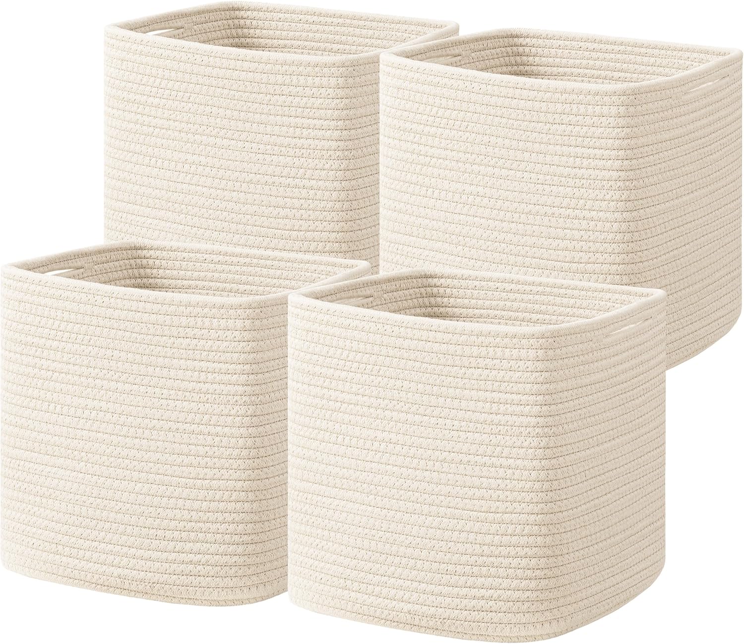 joybest Cube Storage Bins Set of 4, 11inch Cube Baskets Organizer for Nursery, Square Cotton Rope Baskets for Shelves Organizing, Kids Toy, Closet Storage, Brown and Cream White