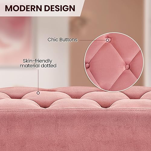 Miniatura 5 de Yaheetech Banco Otomano Moderno de Terciopelo Banco Tapizado Reposapiés para Sala de Estar con Patas de Metal Dorado y Asiento Acolchado Rosa