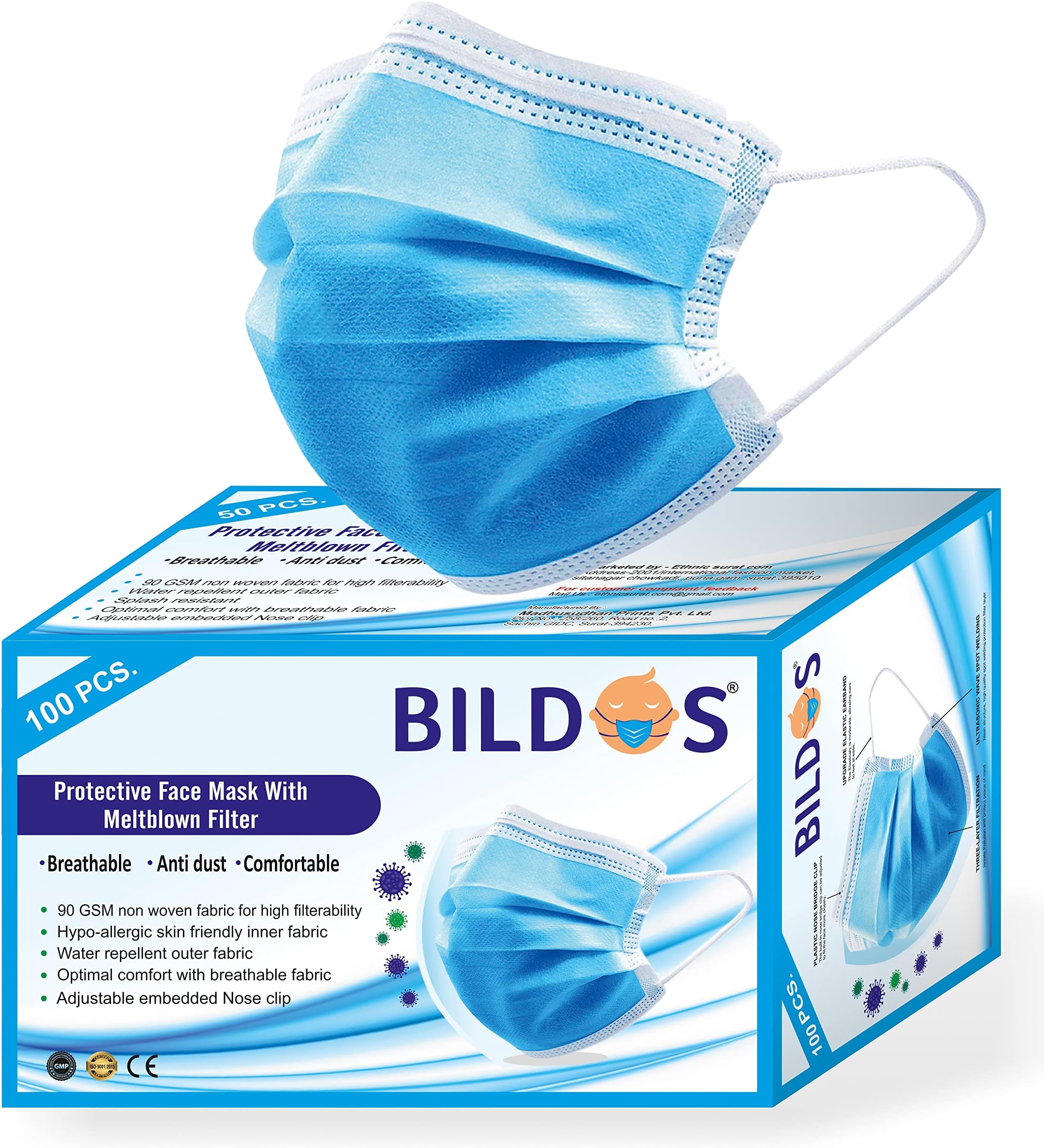 Melt-Blown Layer 100 Pieces Disposable Face Mask With In-built Nose Clip (Blue) For Men & Women