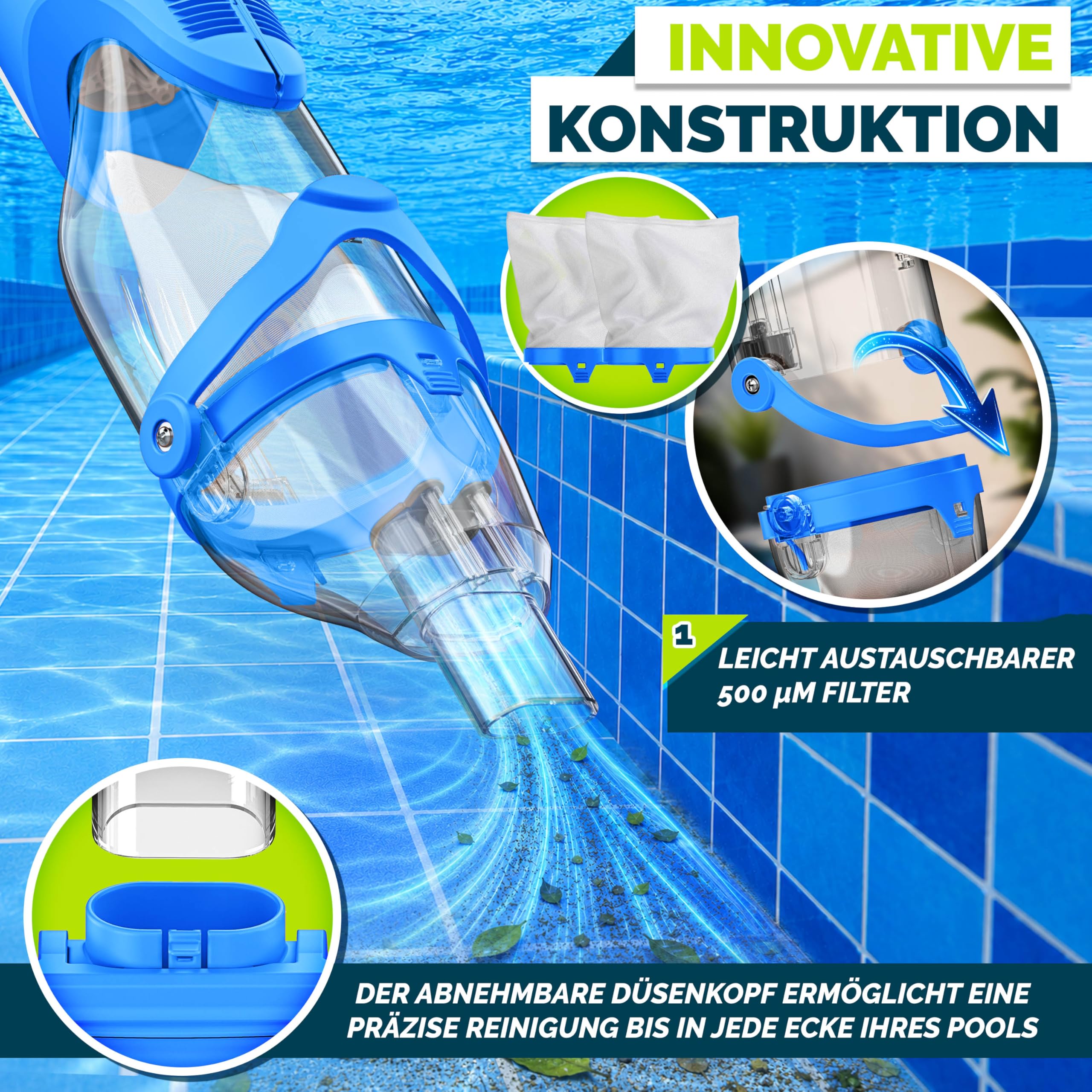 tillvex Poolsauger mit Akku & Teleskopstange + Ersatzfilter bis zu 15 m³ | Pool Bodensauger elektrisch | Poolreiniger mit Filter & 60 min Laufzeit | Handsauger Reinigungsset kabellos (Blau/Weiß)