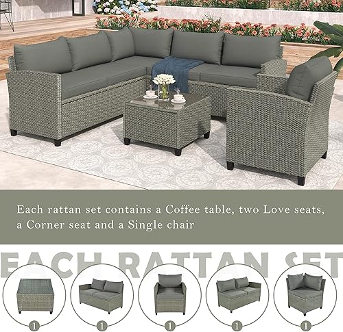 Miniatura 5 de GODAFA Juego de muebles de patio al aire libre, 5 piezas, sofá seccional de conversación de ratán PE para todo tipo de clima, mesa de café y silla