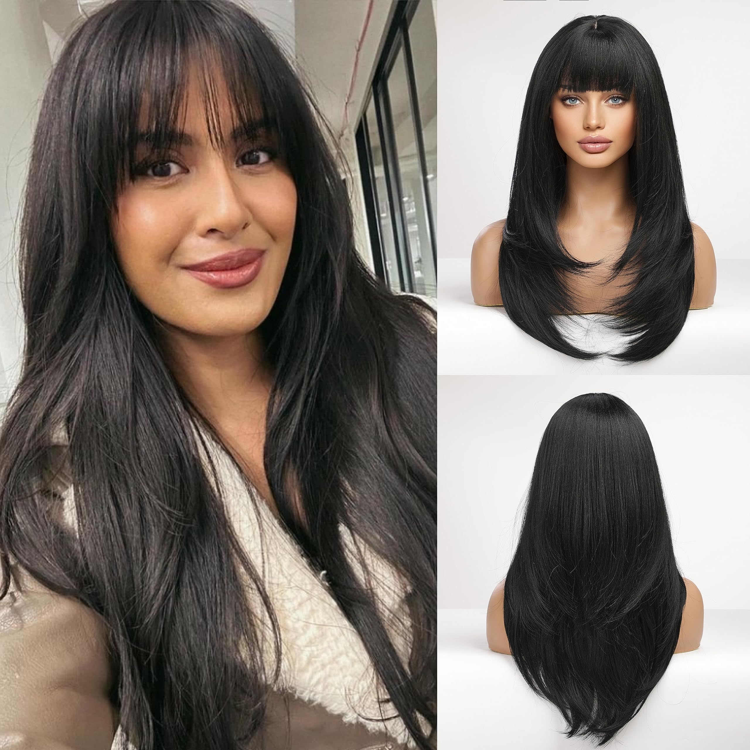 HAIRCUBELong Black Wigs for Women Straight Synthetic Layered Wig with Bangs