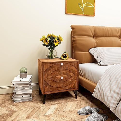 Miniatura 6 de Mesita de noche Mid-Century moderna, mesita de noche con 2 cajones para sala de estar, dormitorio, marco de metal industrial, color marrón